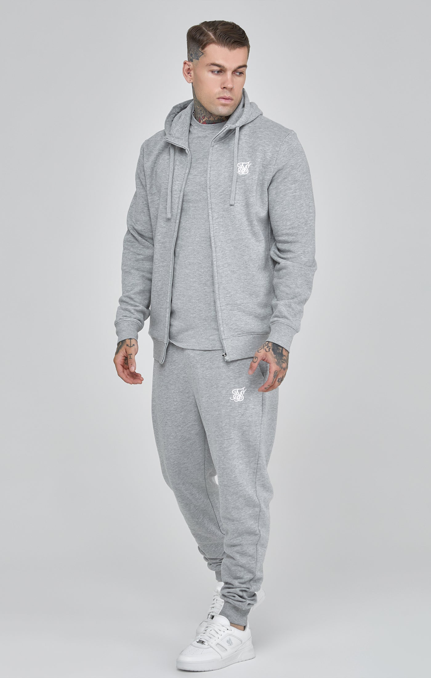 Essentials Full Zip Hoodie in Grey Marl Vestes à capuche SikSilk