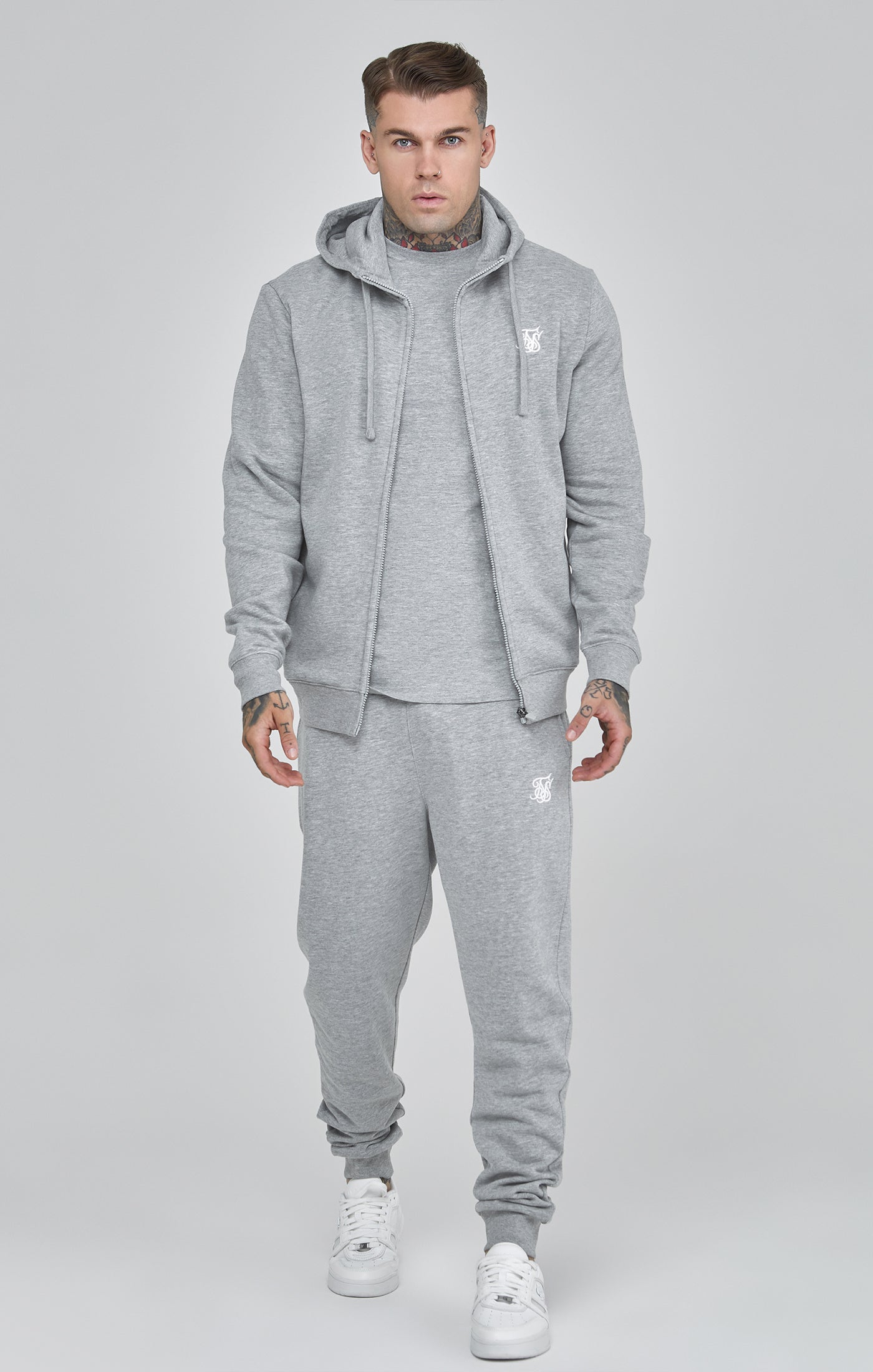 Essentials Full Zip Hoodie in Grey Marl Vestes à capuche SikSilk