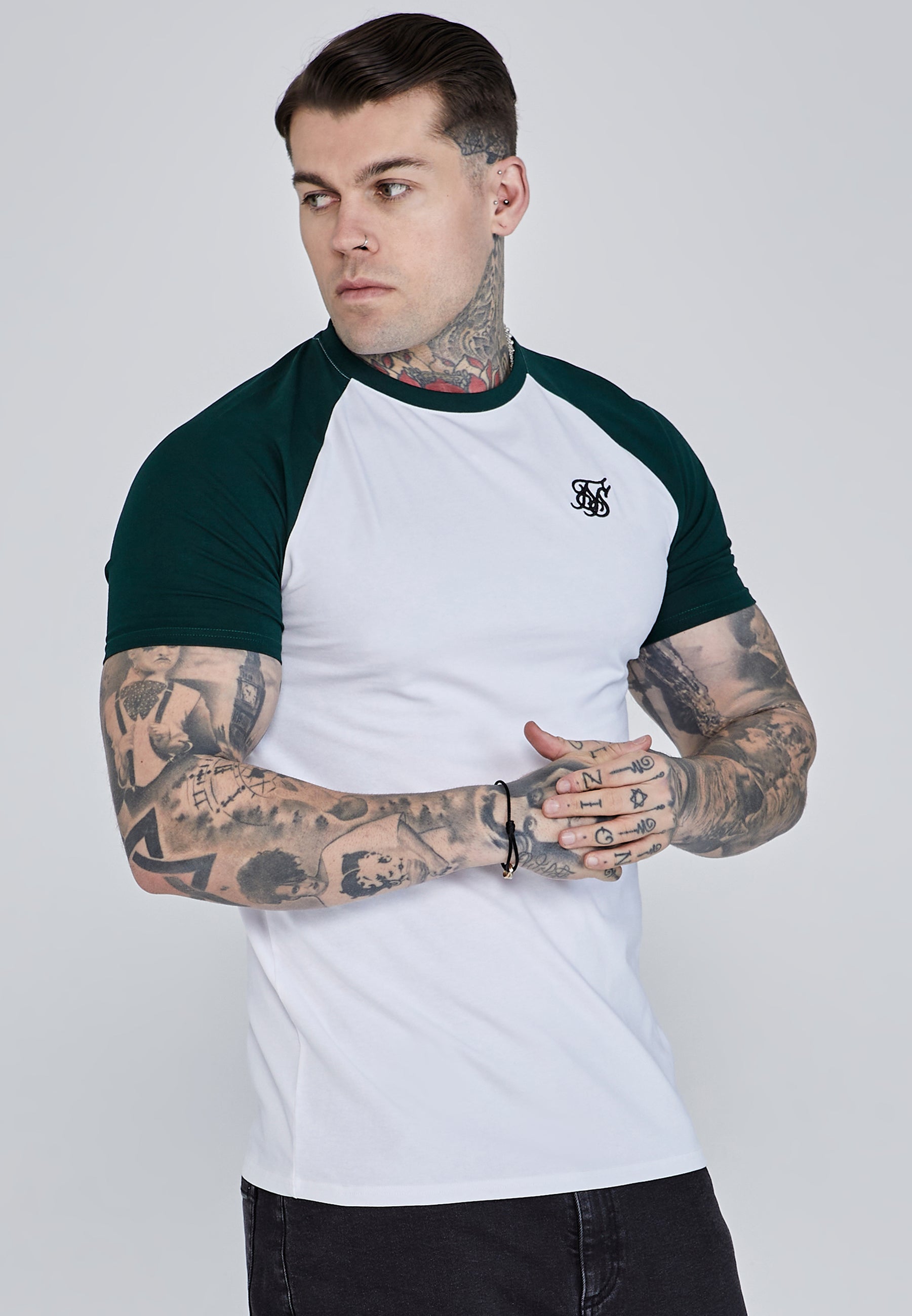 T-shirt raglan en blanc, vert T-shirts SikSilk
