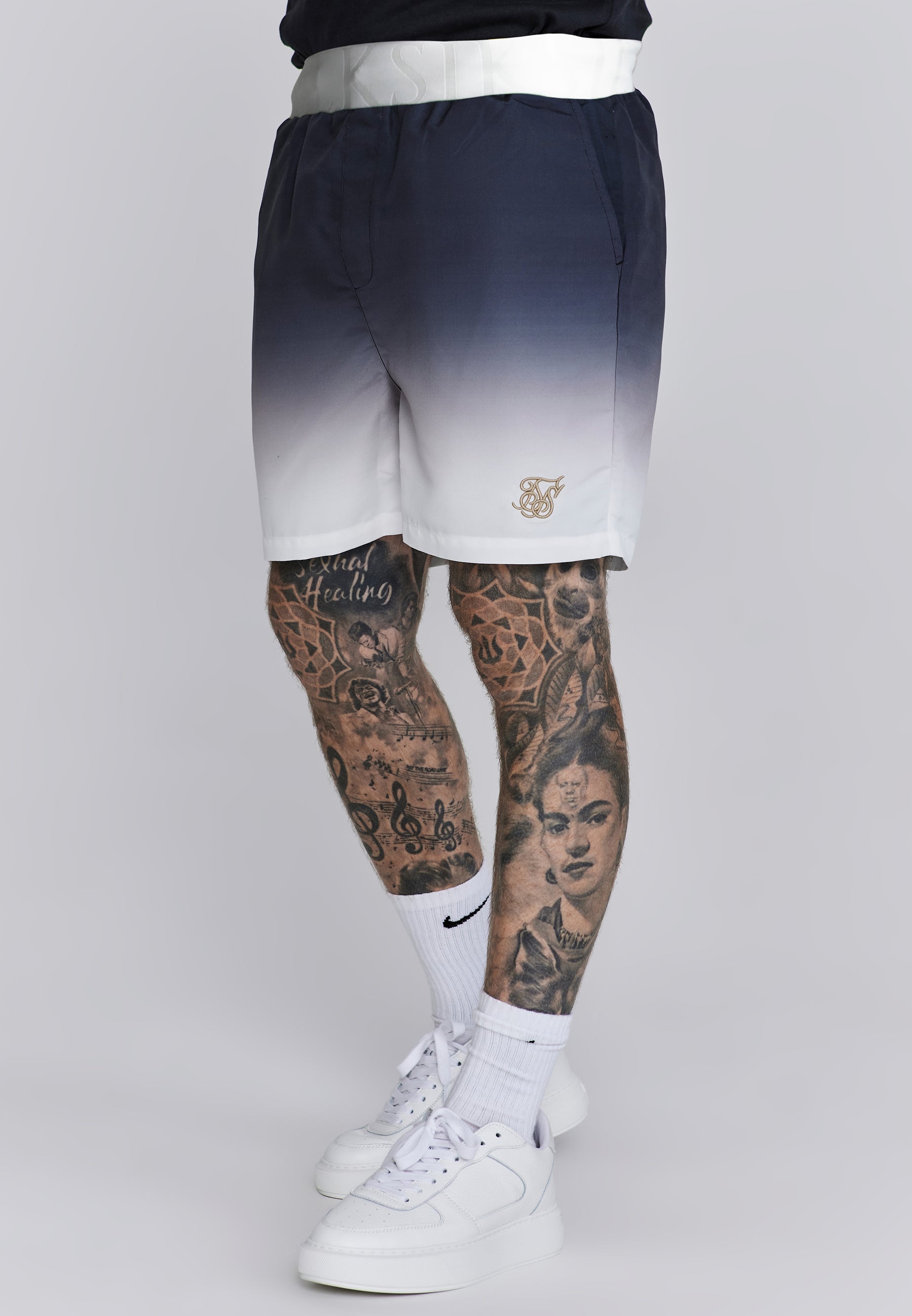 Fade Swim Shorts in Navy, White Maillots de bain SikSilk