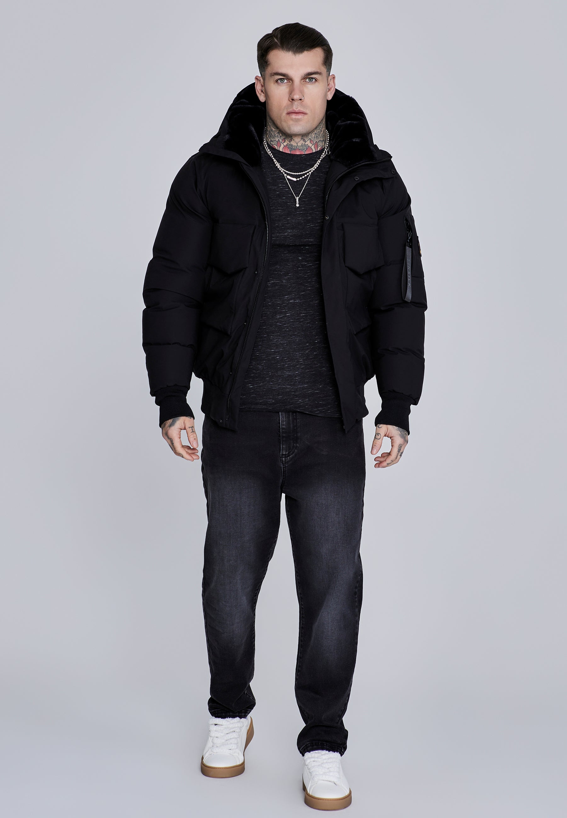 Hooded Bomber Jacket in Black Vestes SikSilk