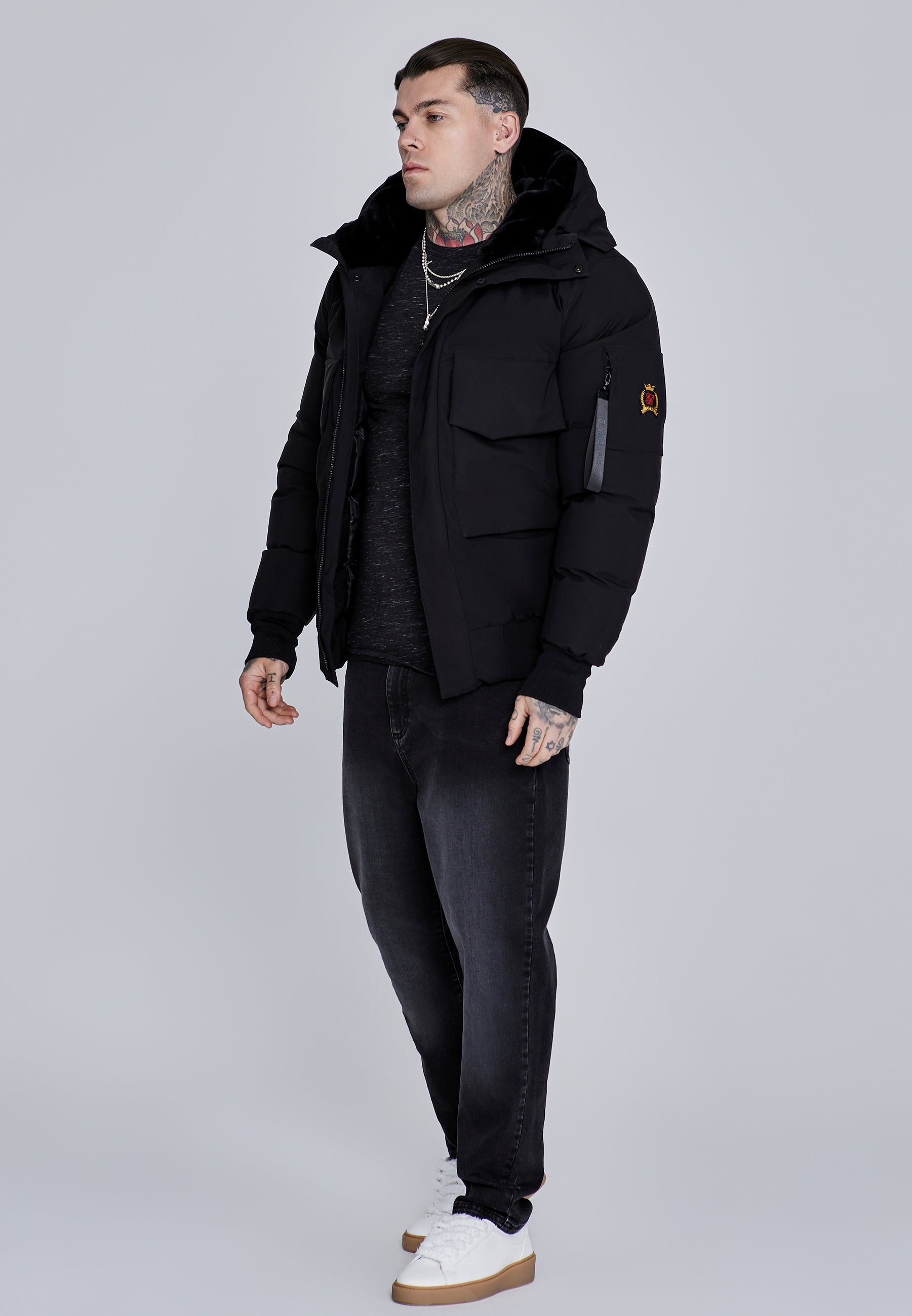 Hooded Bomber Jacket in Black Vestes SikSilk
