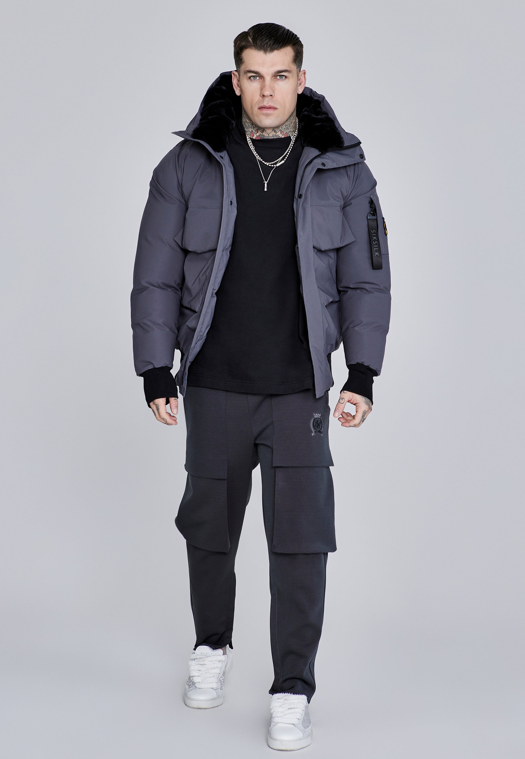 Hooded Bomber Jacket in Grey Vestes SikSilk
