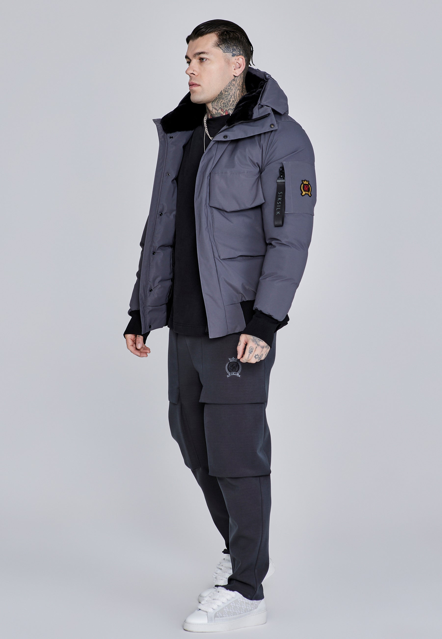 Hooded Bomber Jacket in Grey Vestes SikSilk