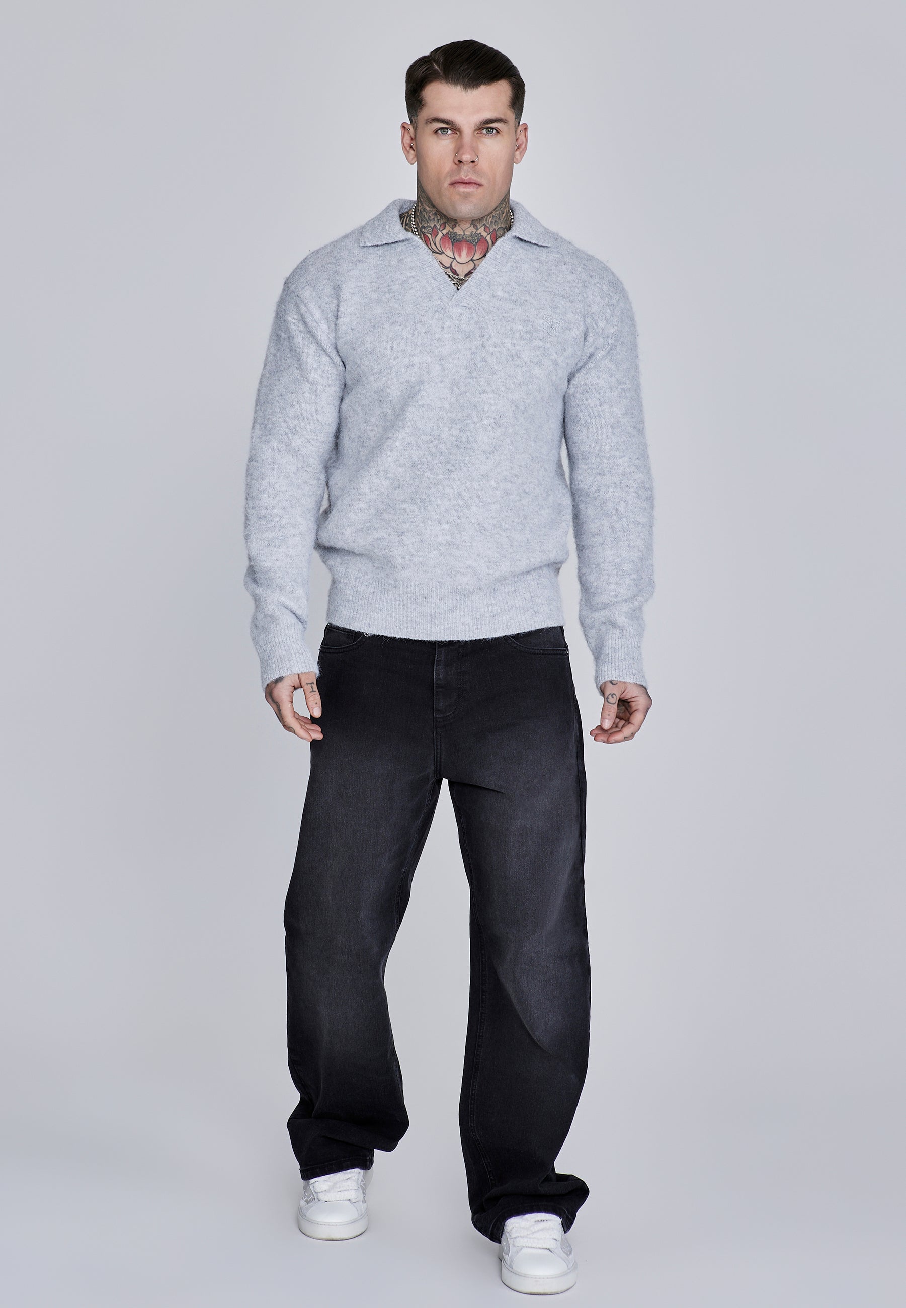Knitted Polo Sweater in Grey Pulls SikSilk