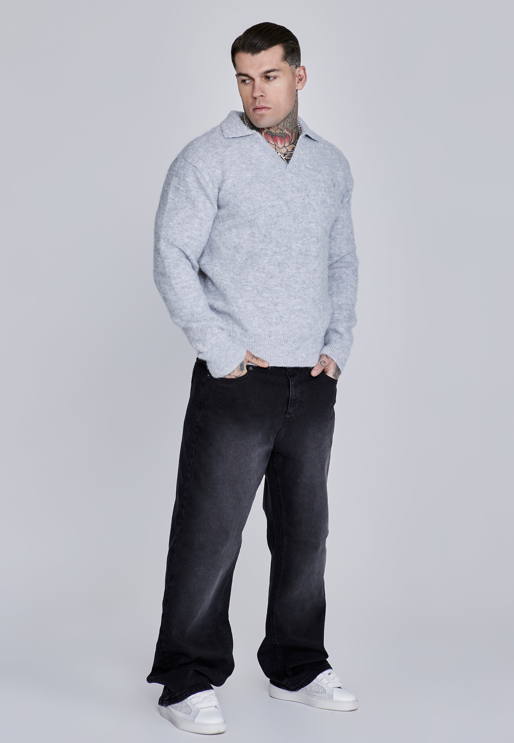 Knitted Polo Sweater in Grey Pulls SikSilk