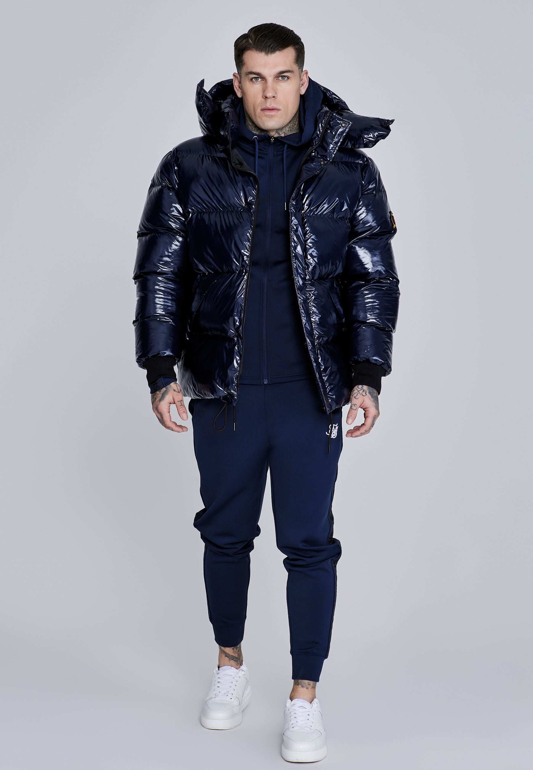 High Shine Puffer Jacket in Dark Navy Vestes SikSilk