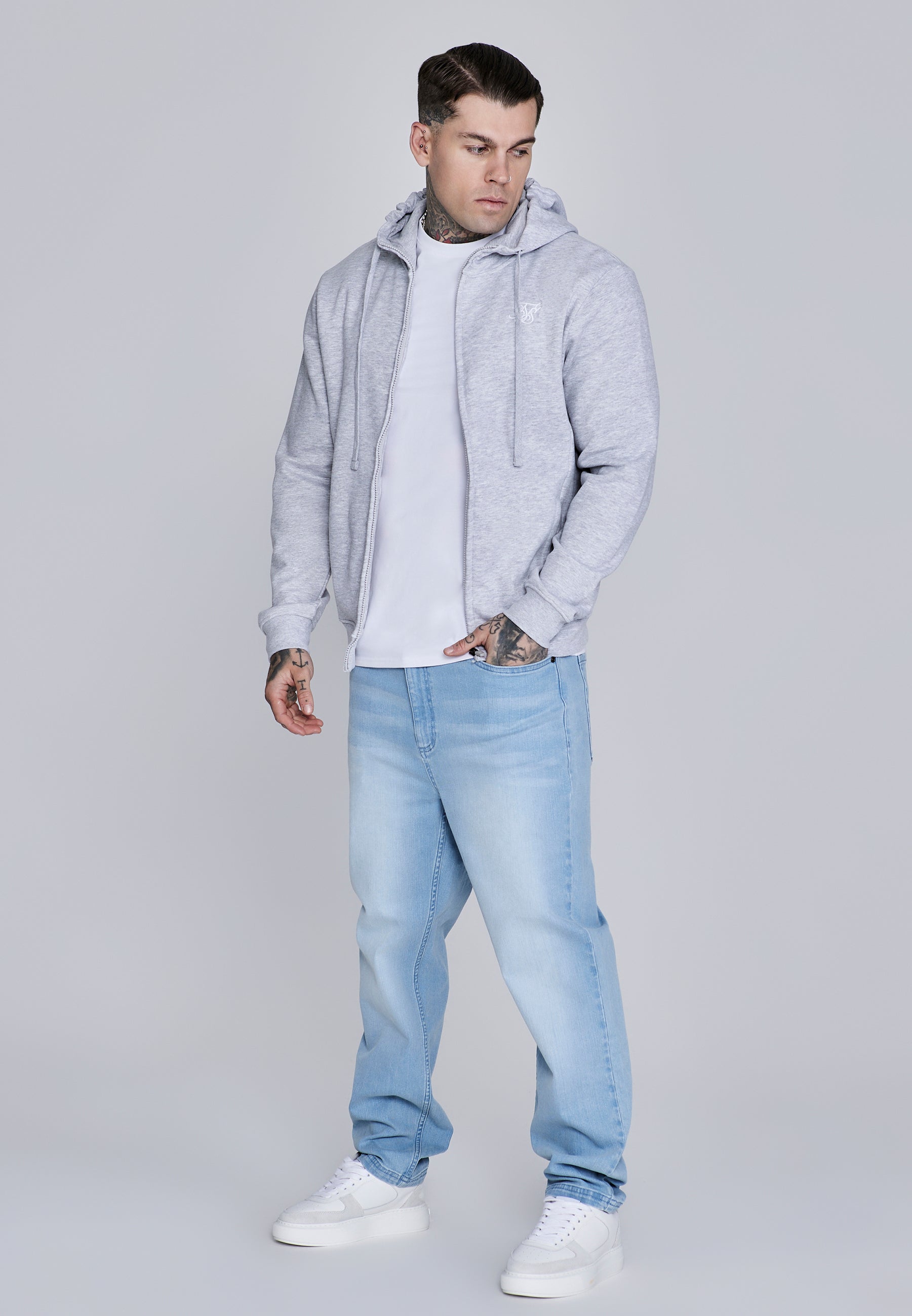 Essentials Full Zip Hoodie in Grey Marl Vestes à capuche SikSilk
