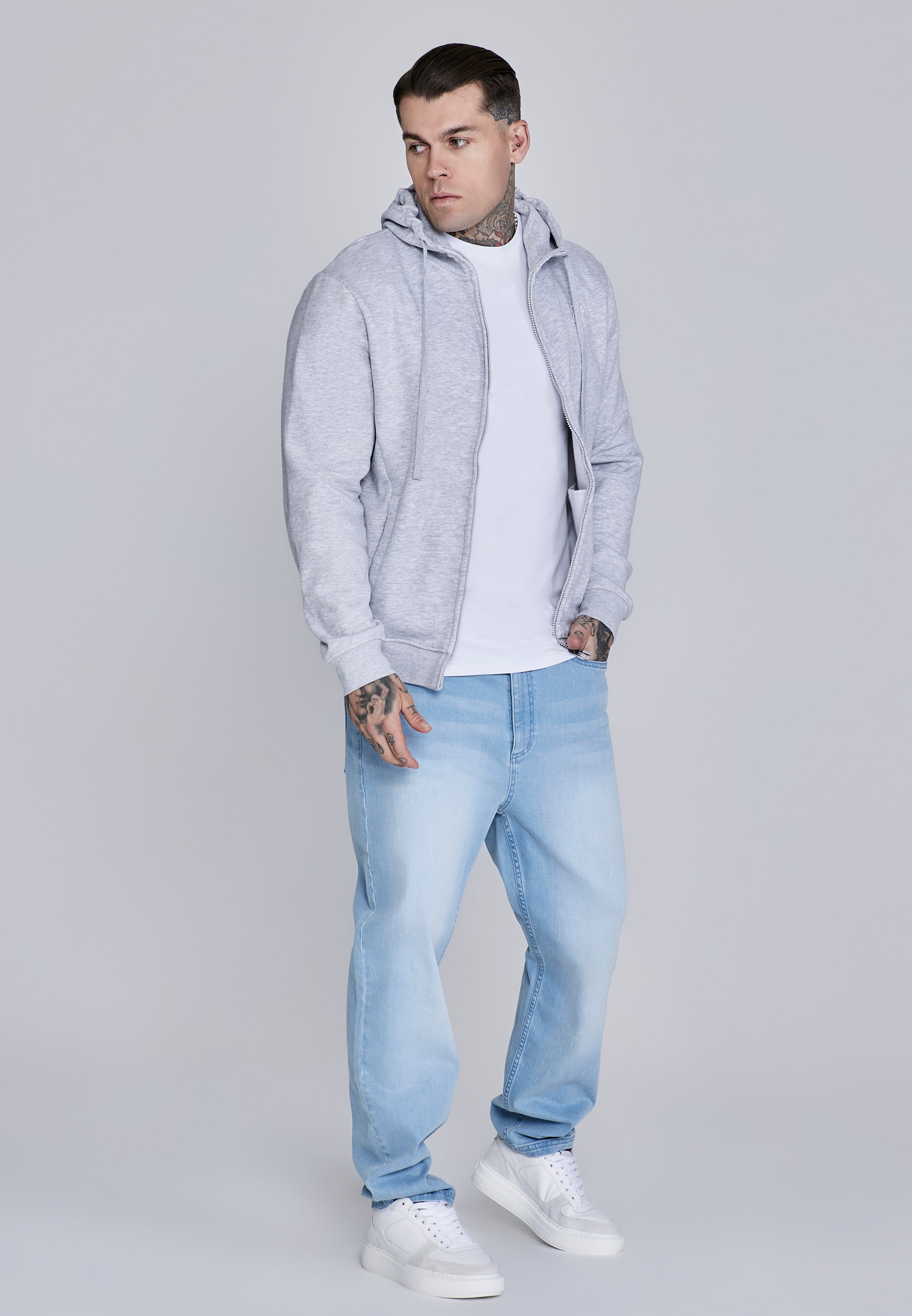 Essentials Full Zip Hoodie in Grey Marl Vestes à capuche SikSilk