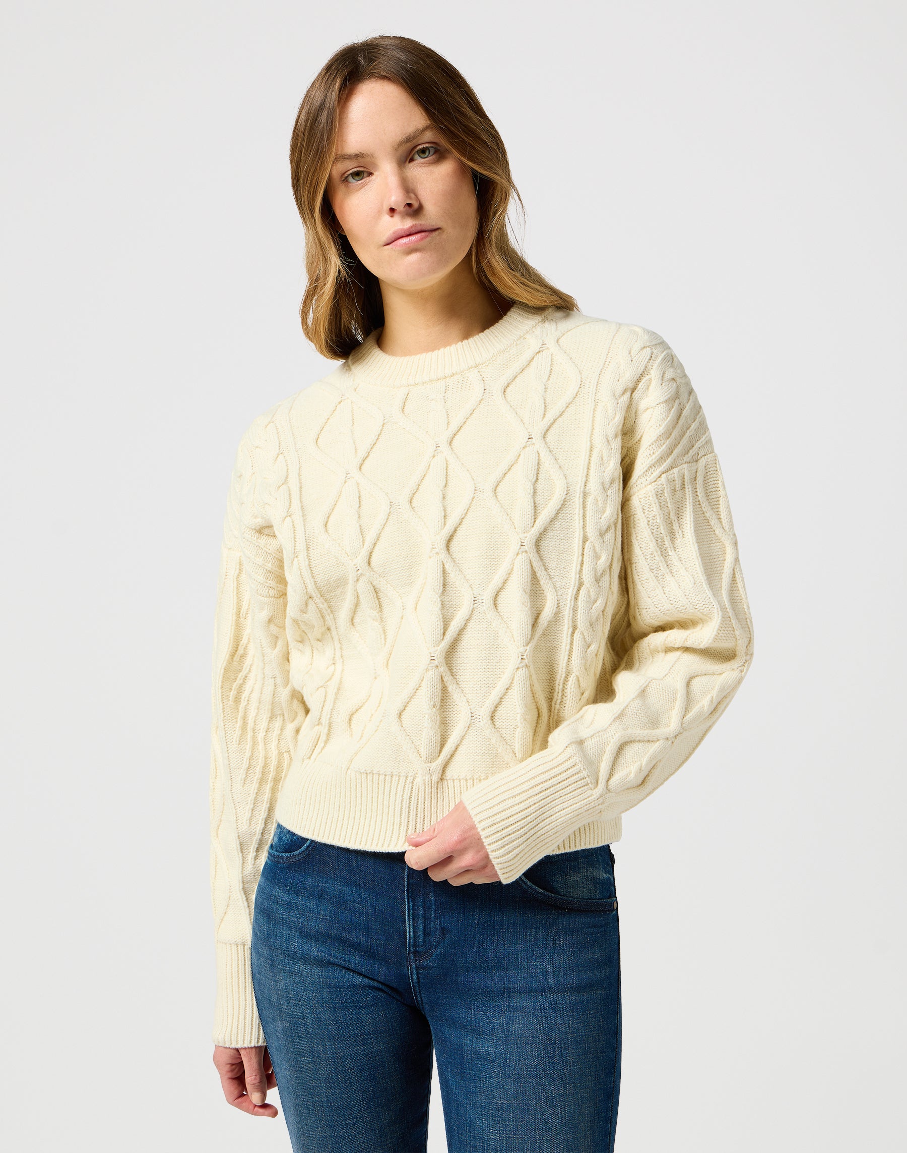 Cable Knit Sweater in Worn White Pullover Wrangler   