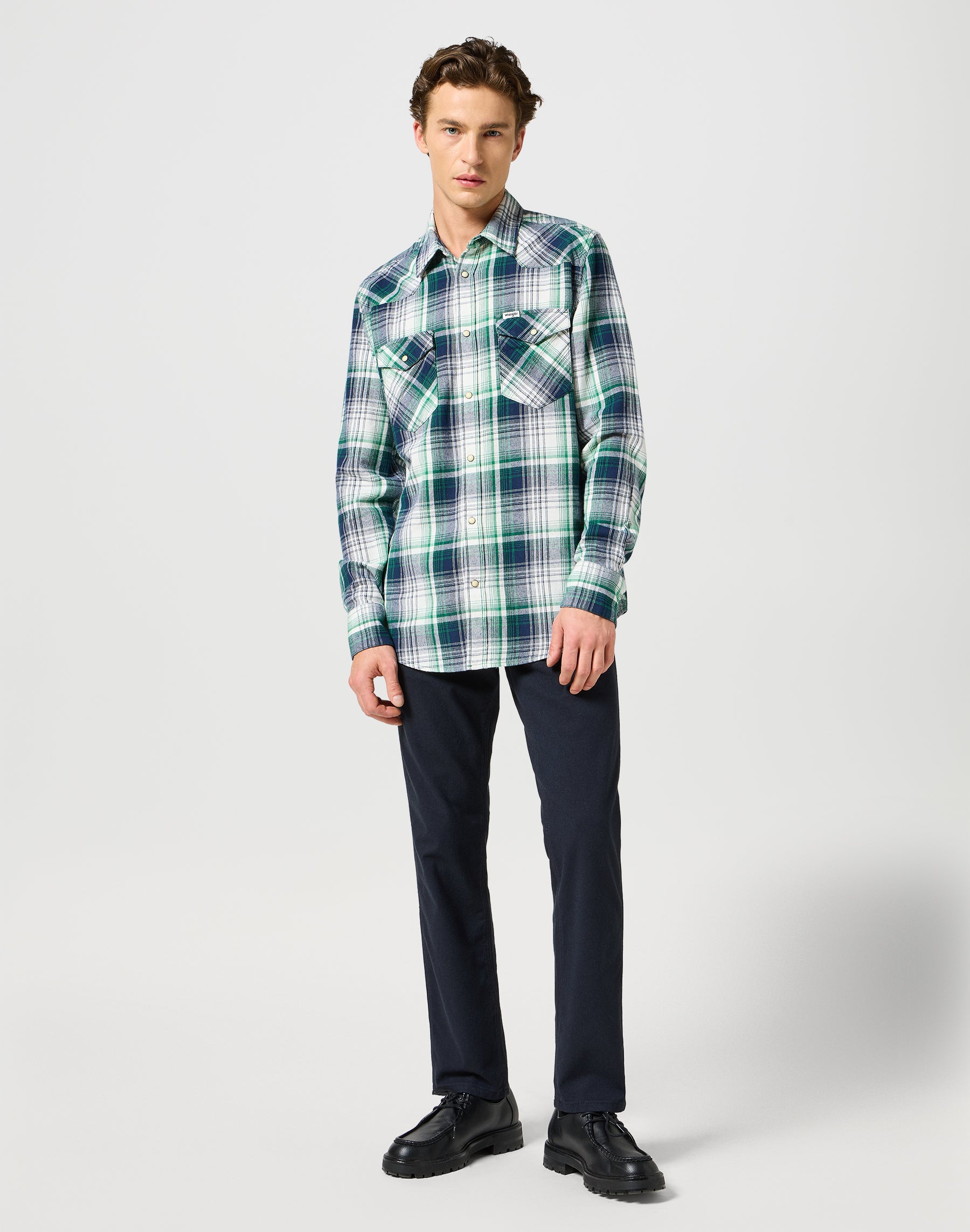 Western Shirt in Green Blue Chemises Wrangler   