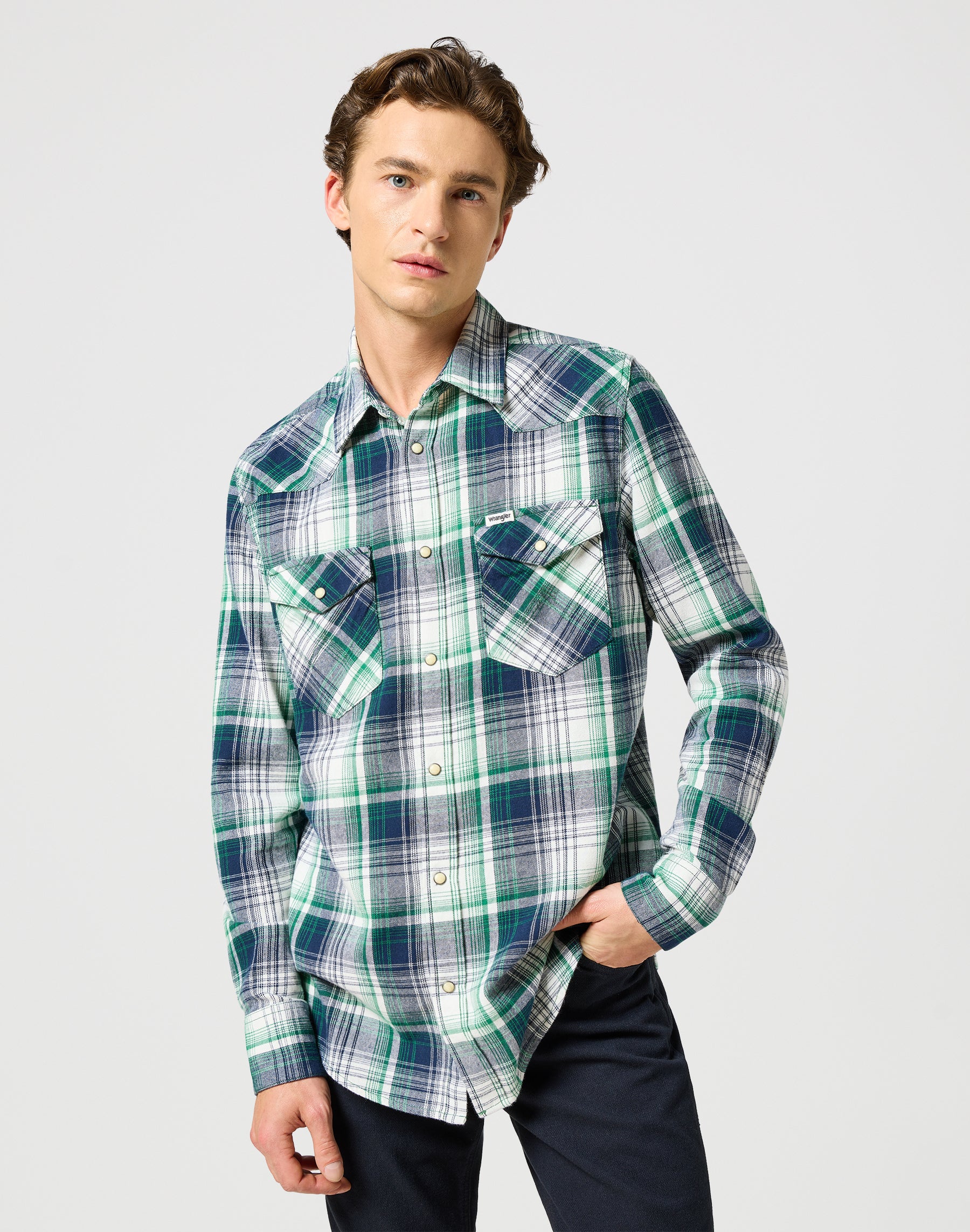 Western Shirt in Green Blue Chemises Wrangler   