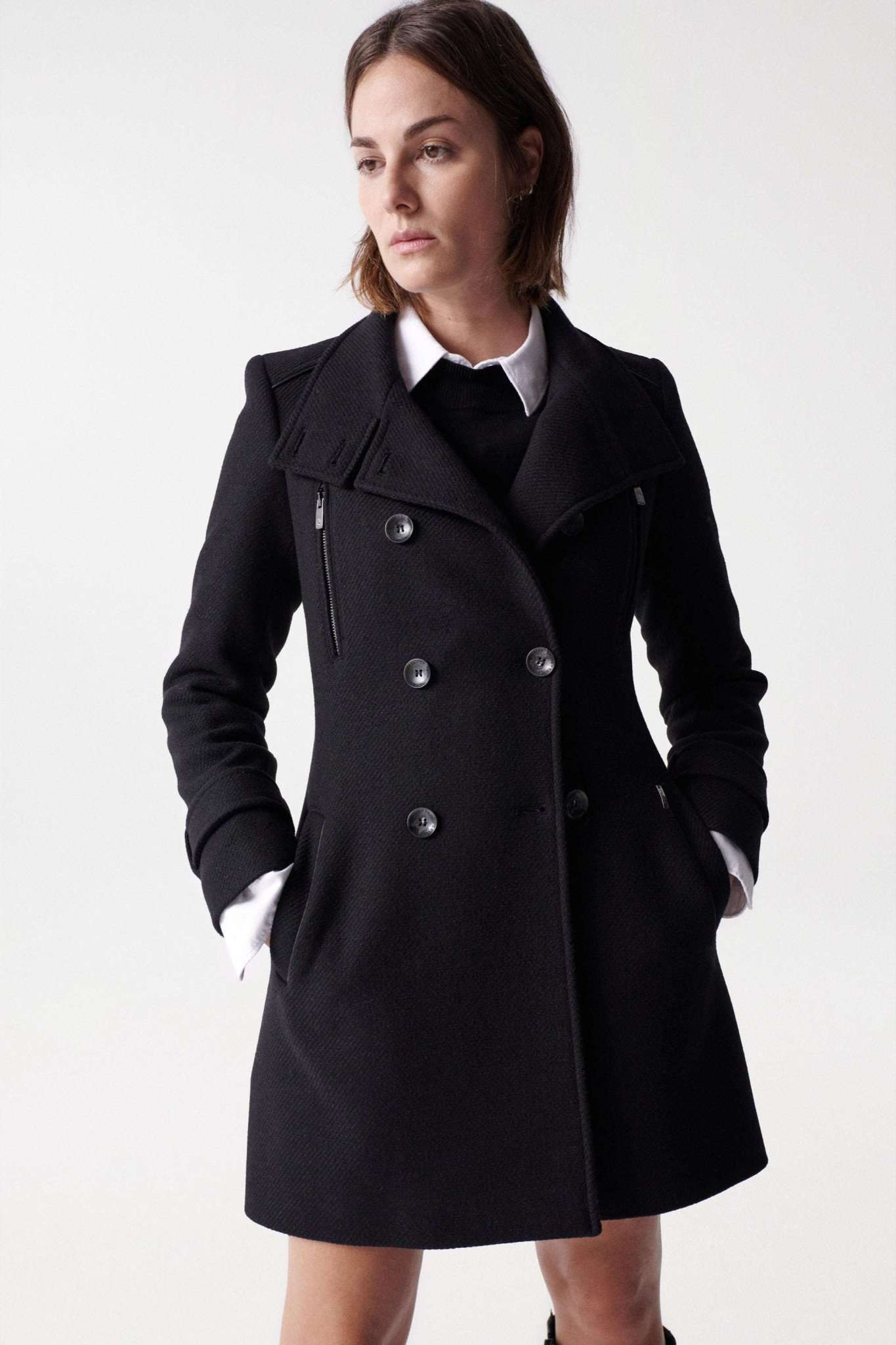 Grace Long Woolen Coat in Black Vestes Salsa Jeans   