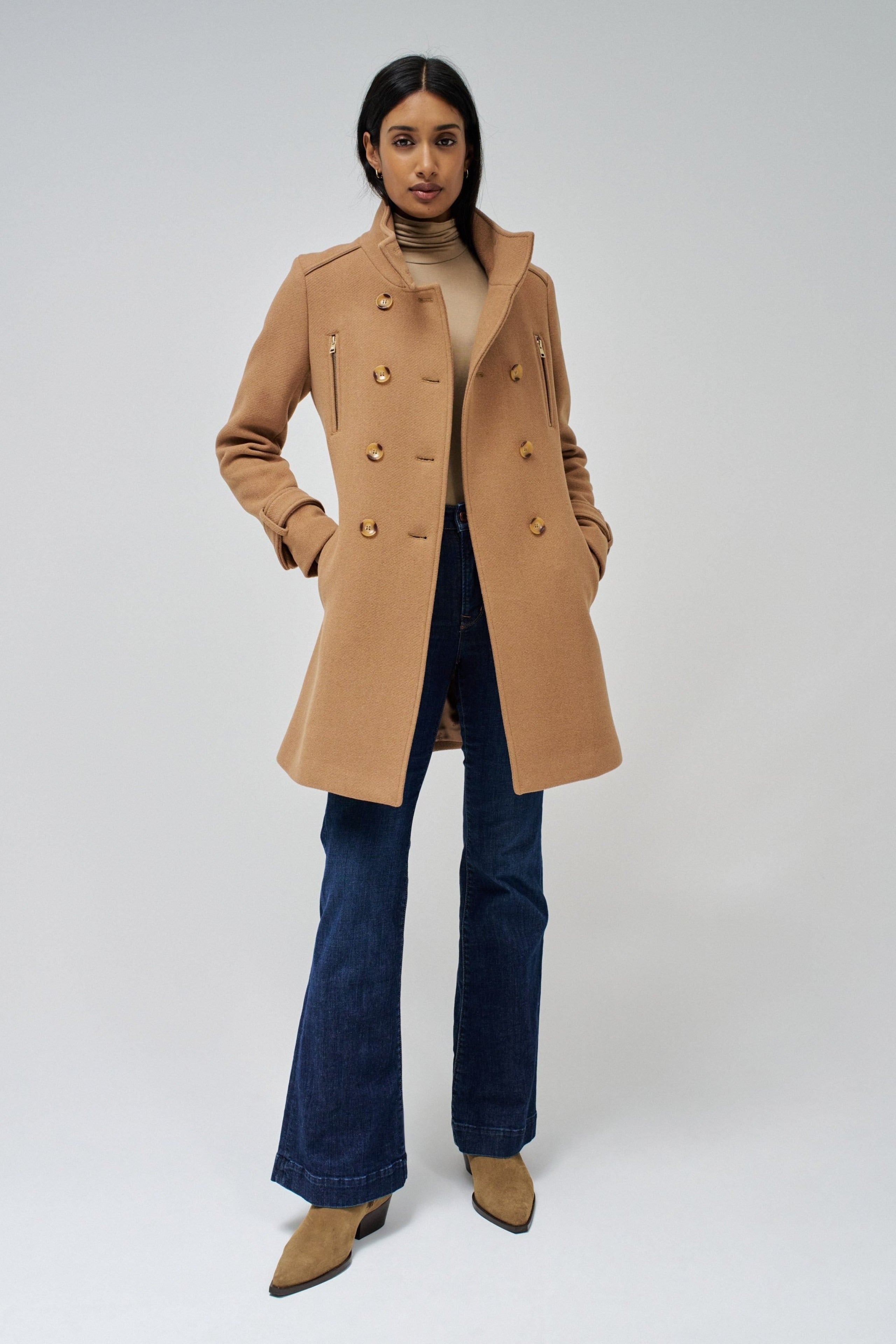 Grace Long Woolen Coat in Medium Beige Vestes Salsa Jeans