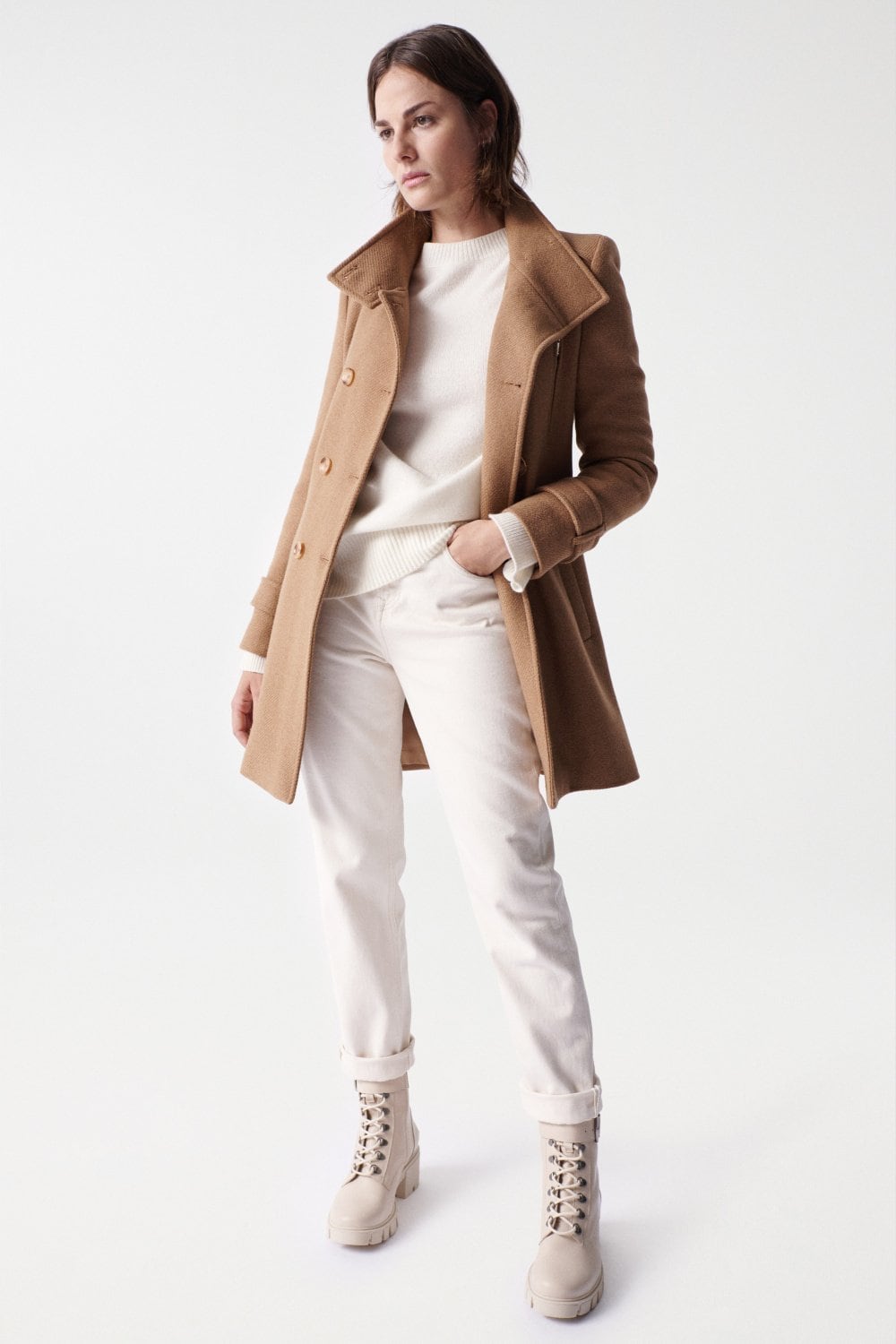 Grace Long Woolen Coat in Medium Beige Vestes Salsa Jeans   