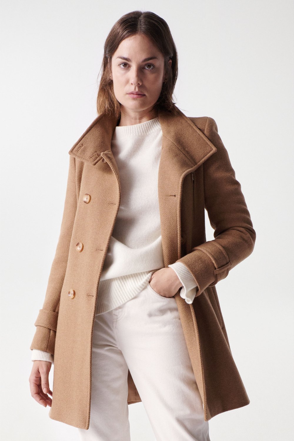 Grace Long Woolen Coat in Medium Beige Vestes Salsa Jeans   