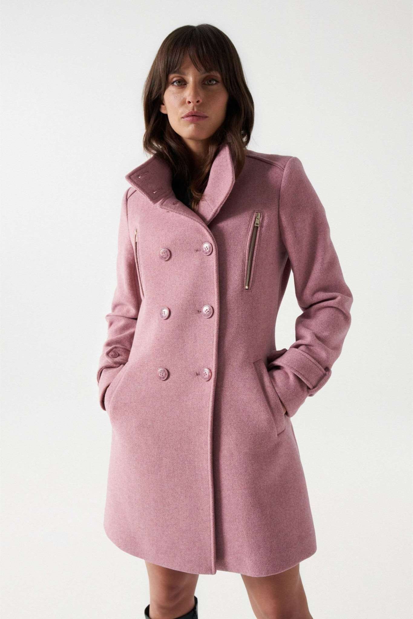 Grace Long Woolen Coat in Medium Pink Vestes Salsa Jeans   