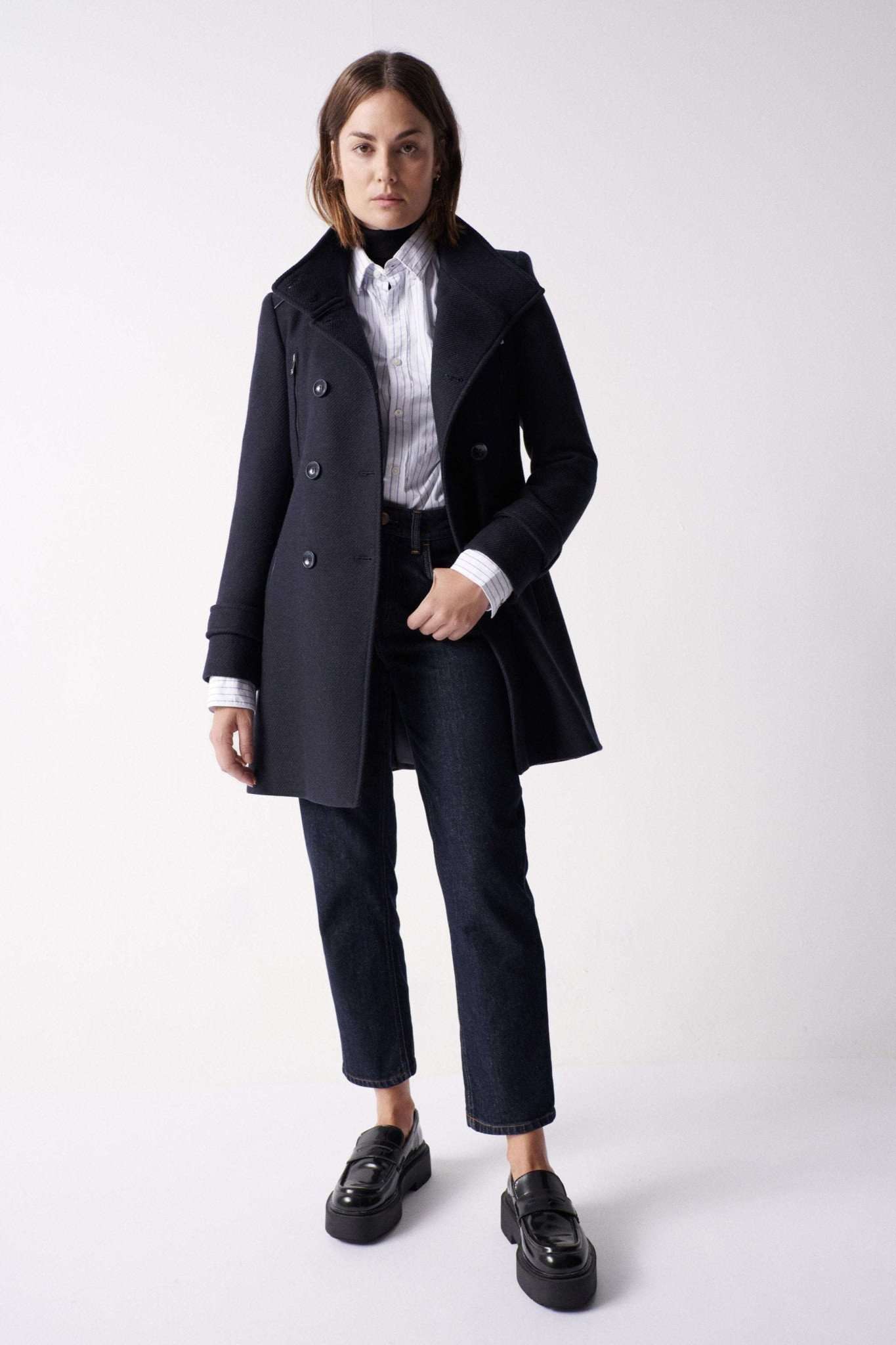 Grace Long Woolen Coat in Dark Blue Vestes Salsa Jeans   