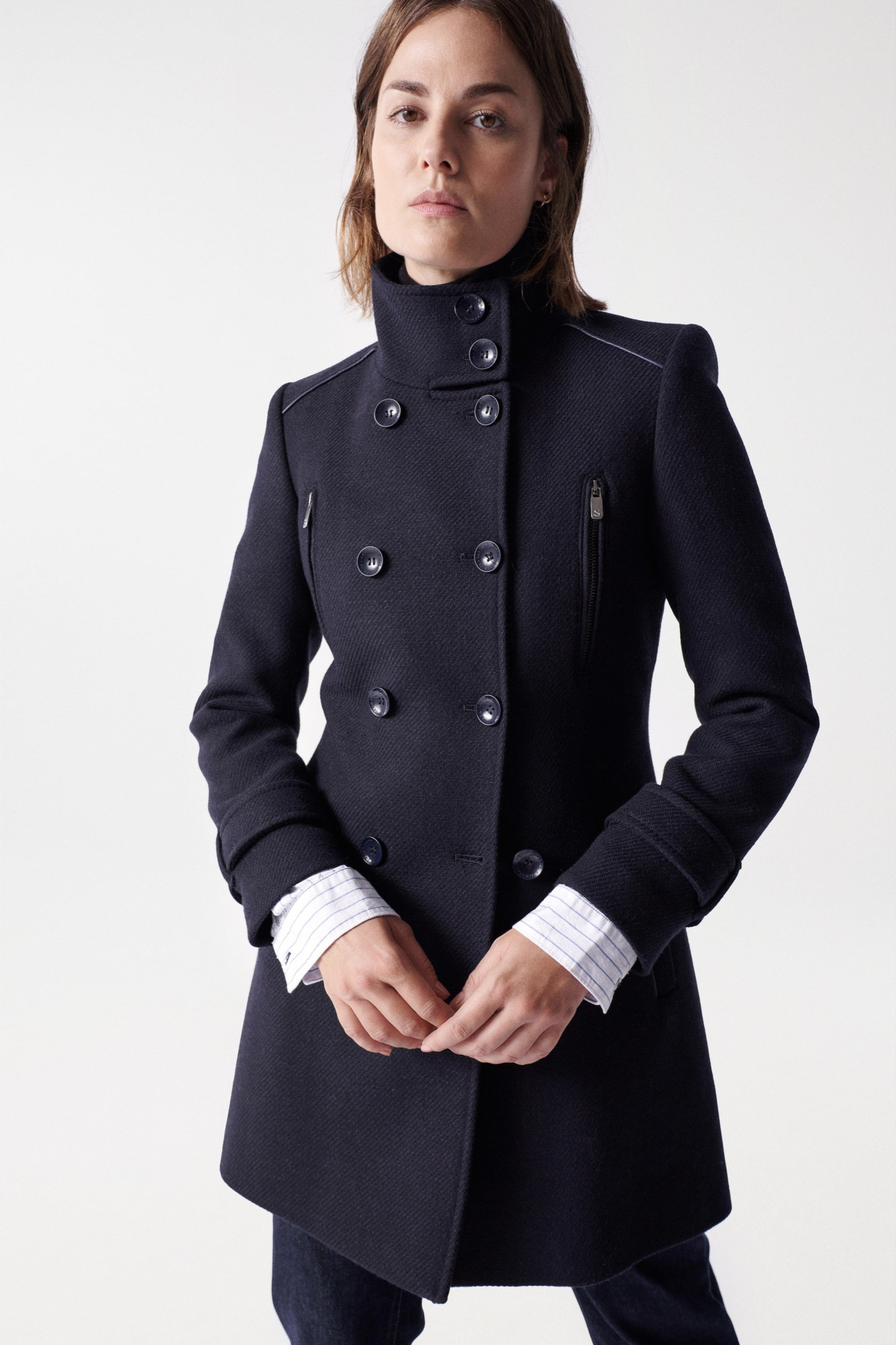 Grace Long Woolen Coat en bleu foncé