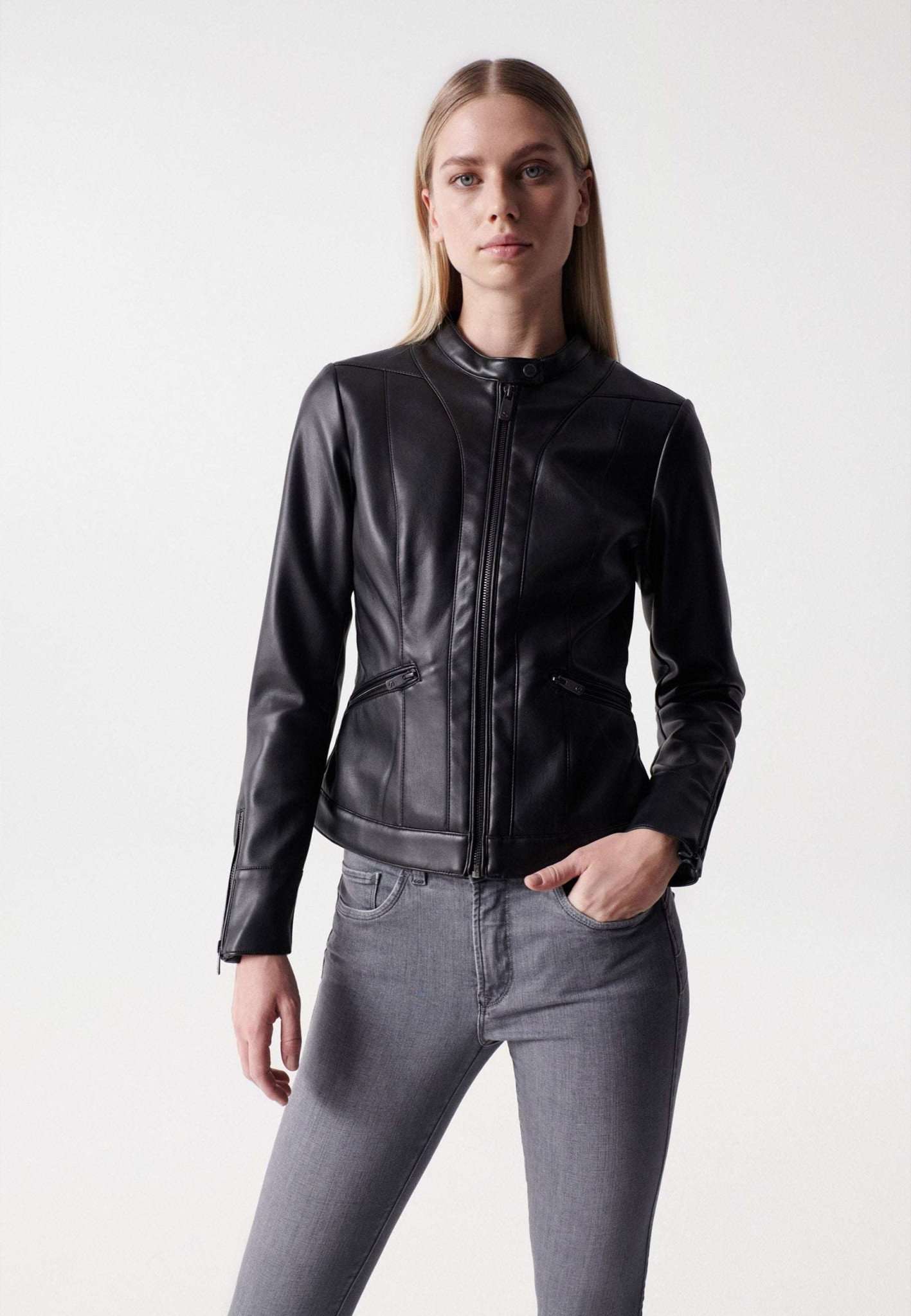 Basic Faux Leather Jacket in Black Vestes Salsa Jeans   