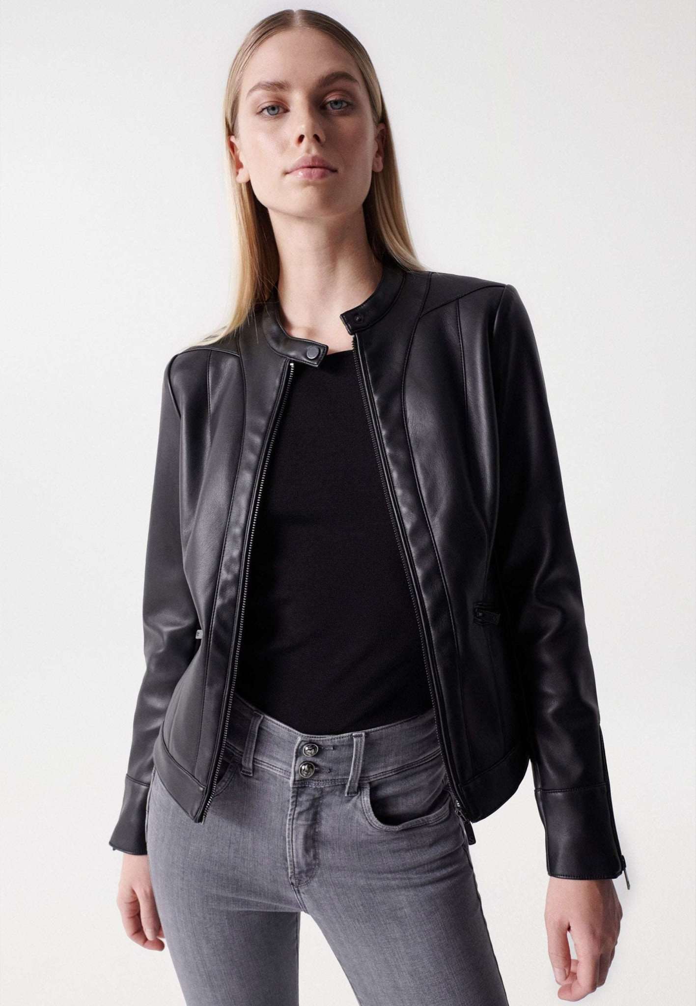 Basic Faux Leather Jacket in Black Vestes Salsa Jeans   