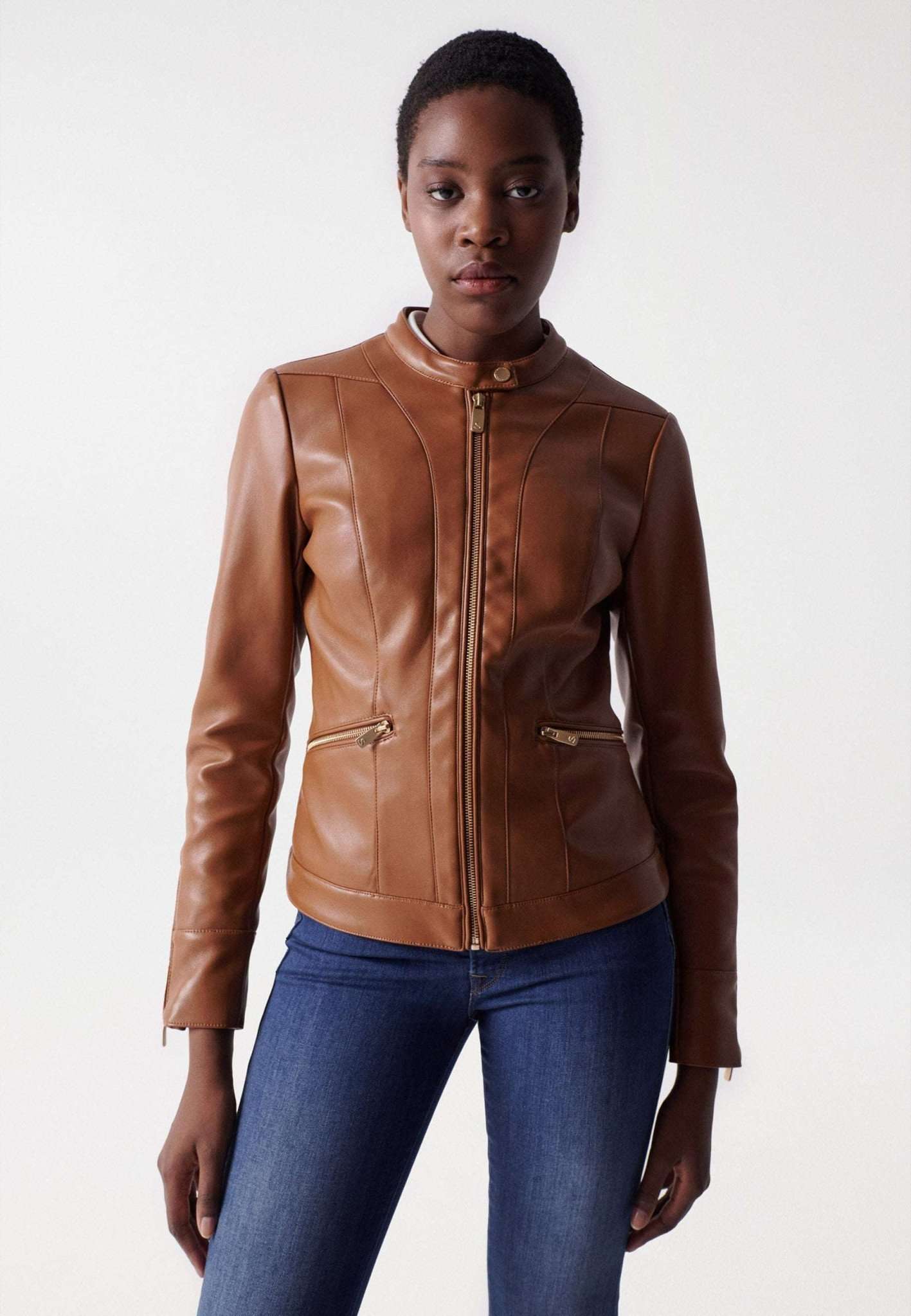 Basic Faux Leather Jacket in Light Brown Vestes Salsa Jeans   