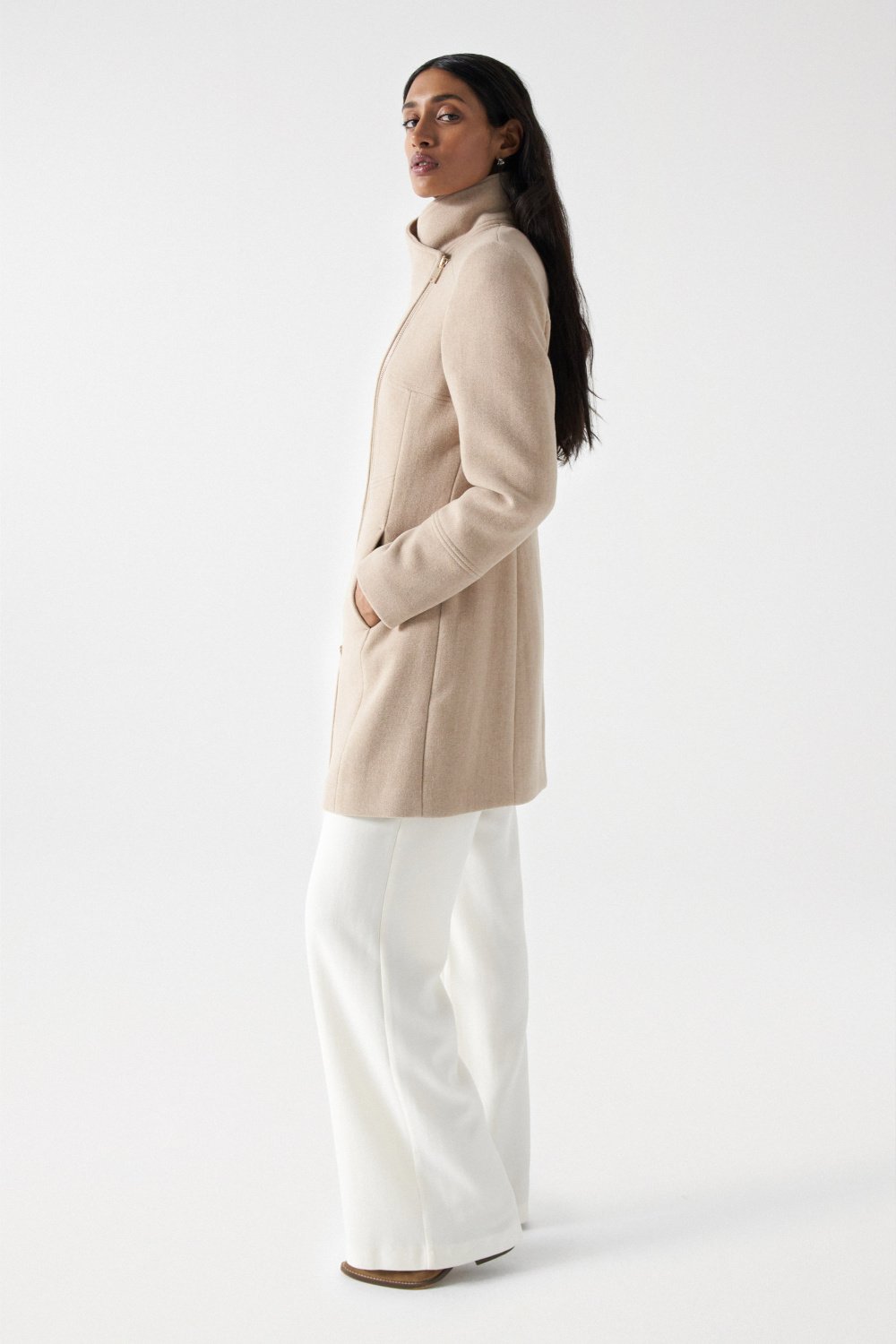 Wool Coat With Fur Collar in Medium Beige V1 Vestes Salsa Jeans   