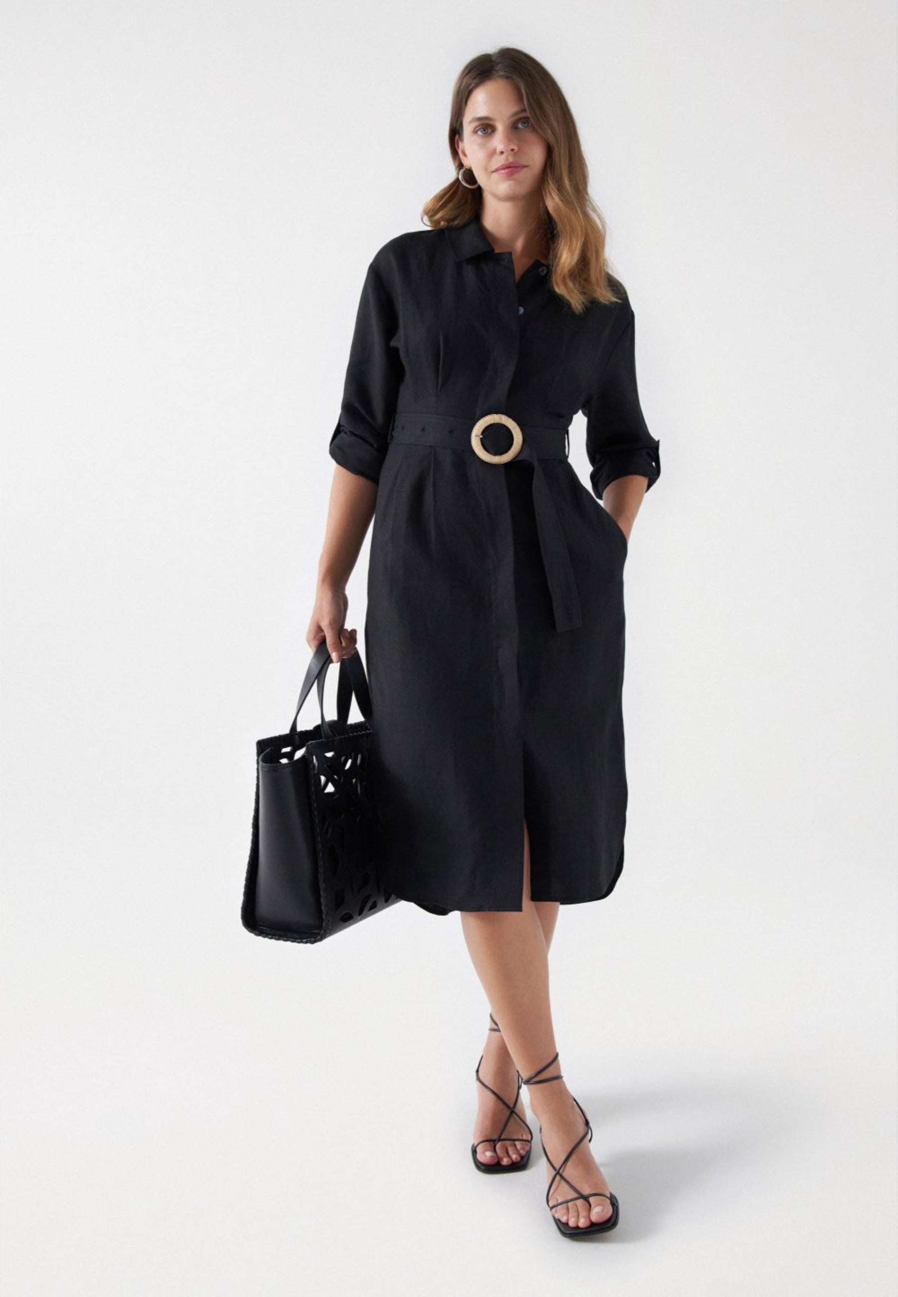 Linen Shirt Dress in Black Robes Salsa Jeans   