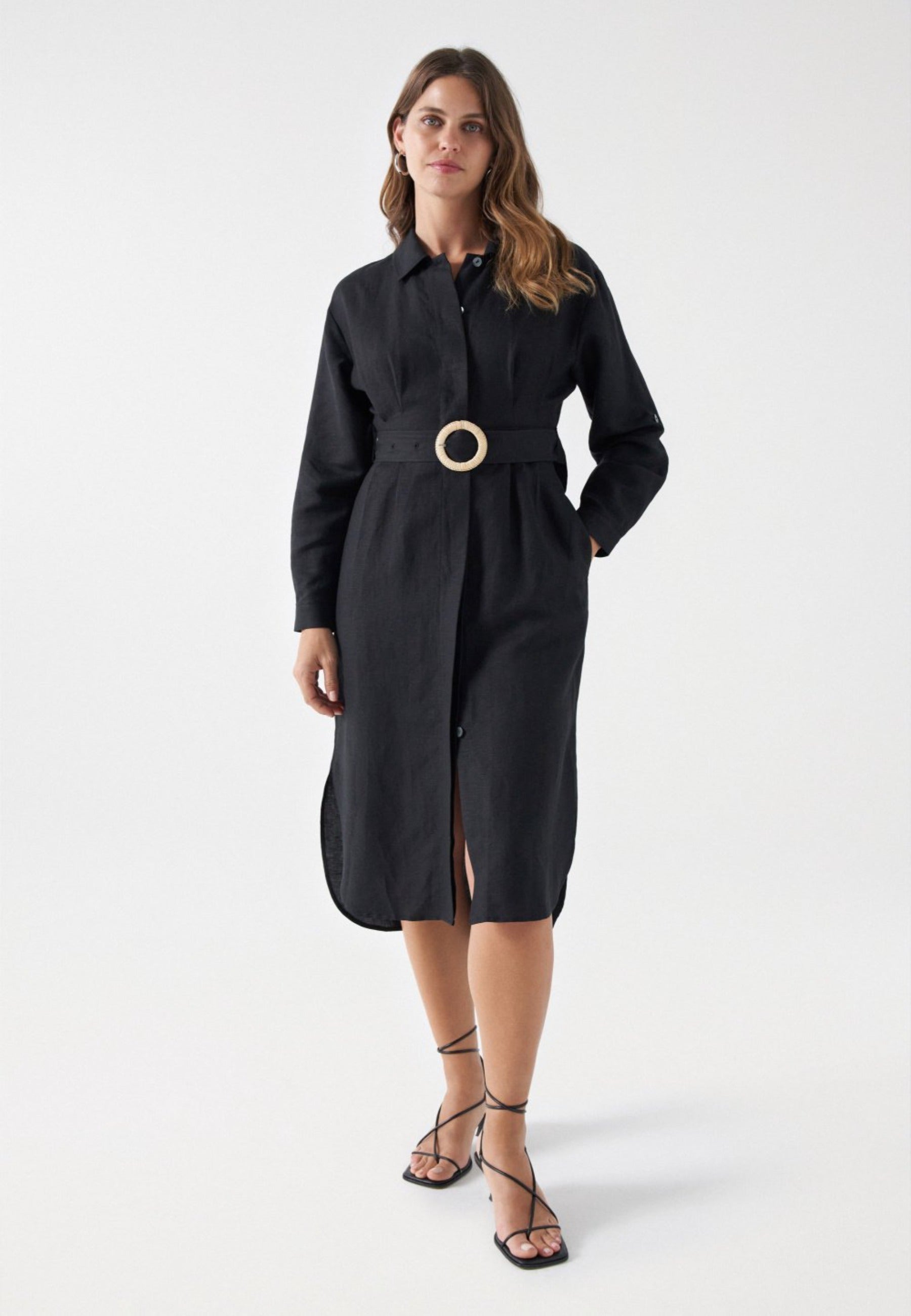 Linen Shirt Dress in Black Robes Salsa Jeans   