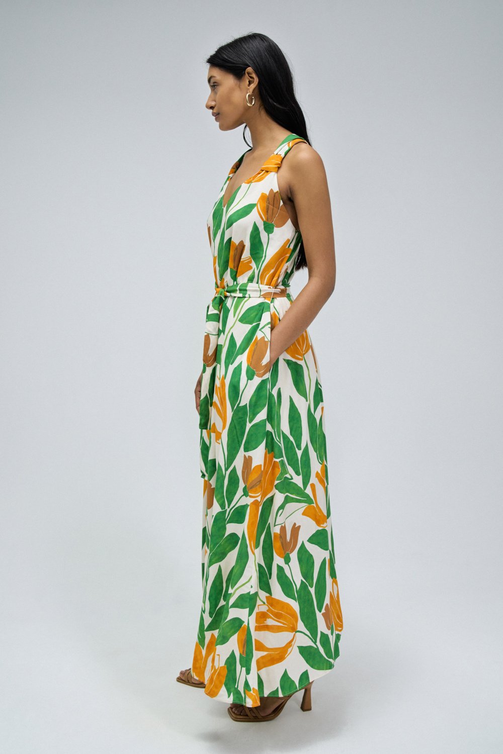 Floral Print A-Line Dress in Medium Green Robes Salsa Jeans   