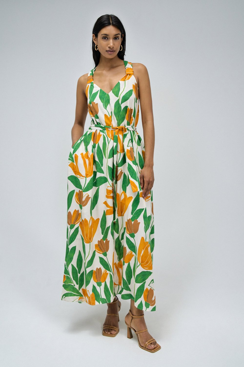 Floral Print A-Line Dress in Medium Green Robes Salsa Jeans   