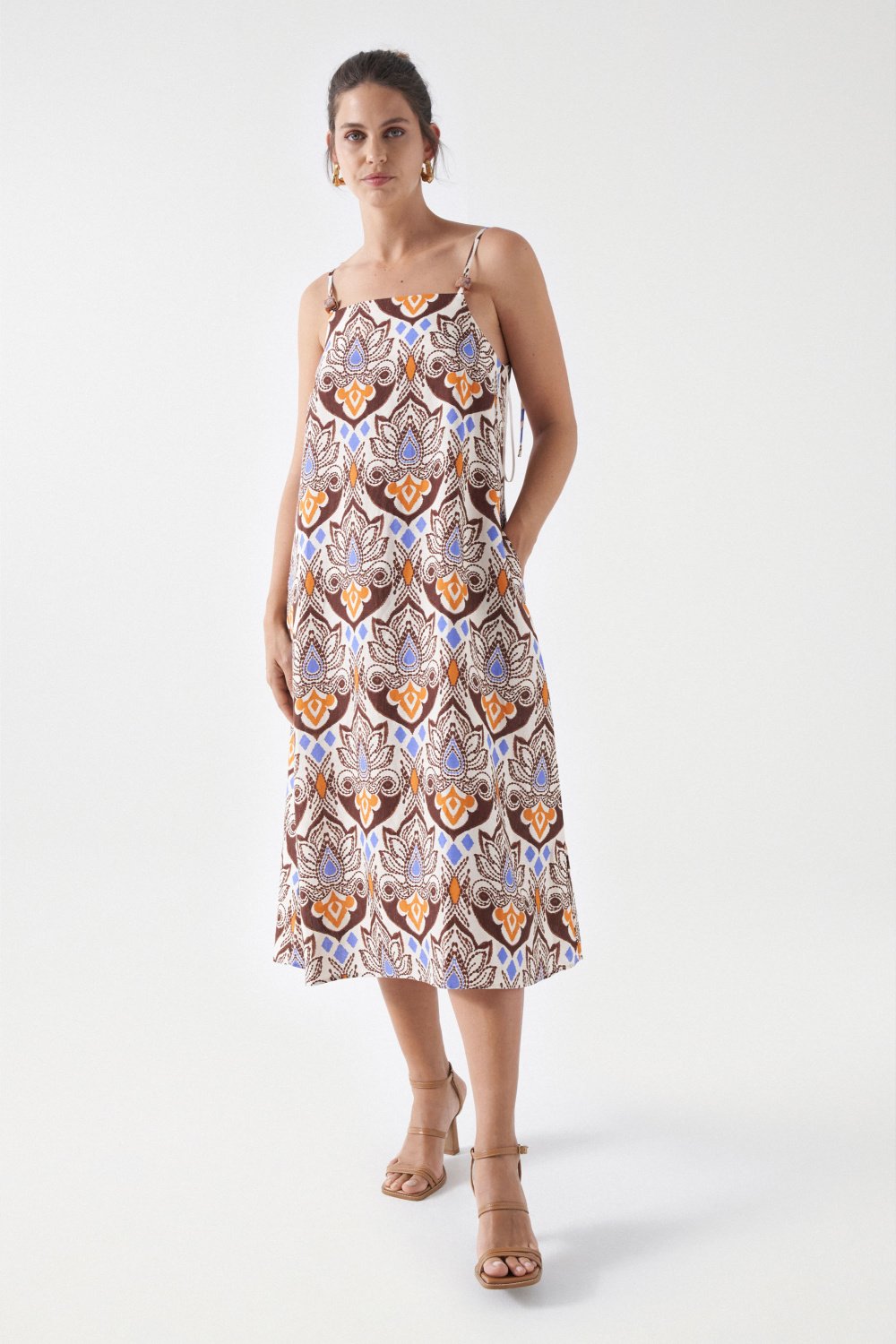 Printed Linen Midi Dress in Light Pearl Robes Salsa Jeans   