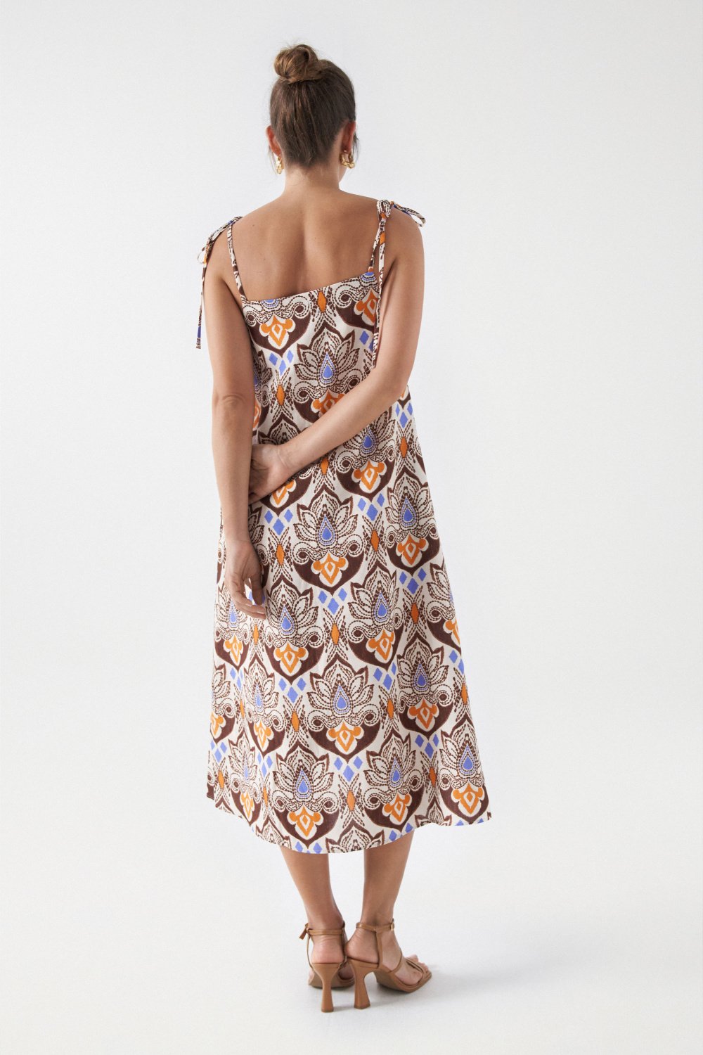 Printed Linen Midi Dress in Light Pearl Robes Salsa Jeans   