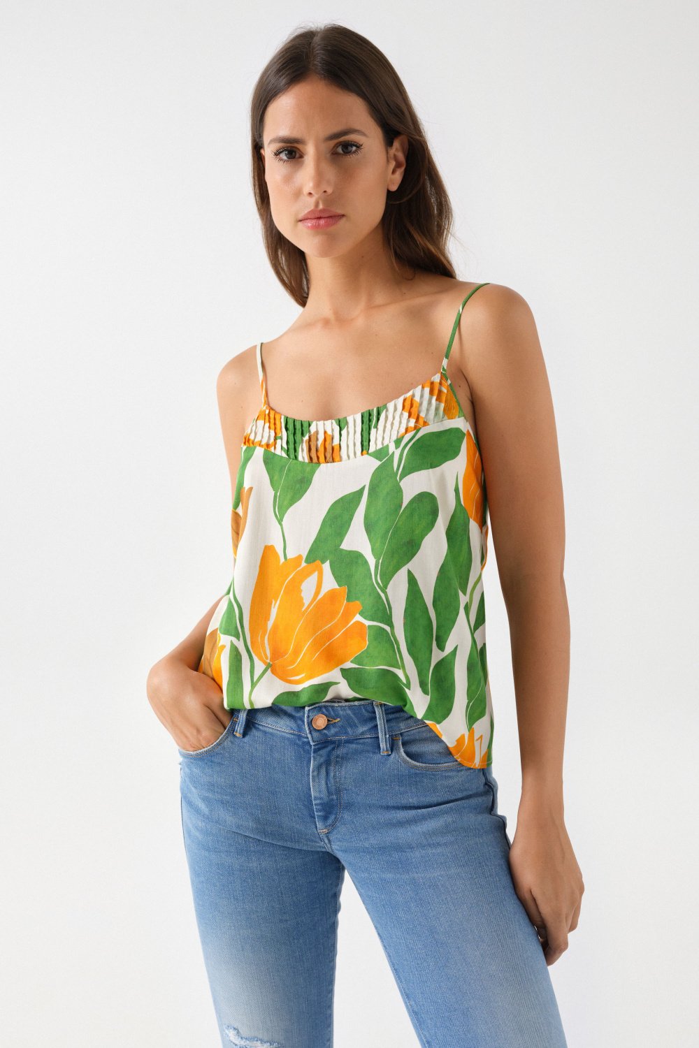 Pleat Detail Sleeveless Top in Medium Green Tops Salsa Jeans   