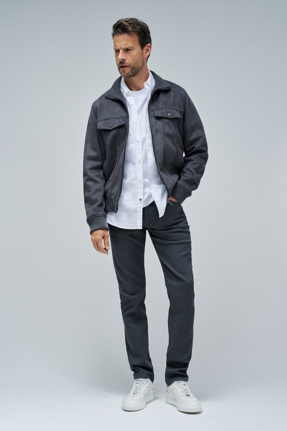 Suede Trucker Jacket in Dark Grey Vestes Salsa Jeans