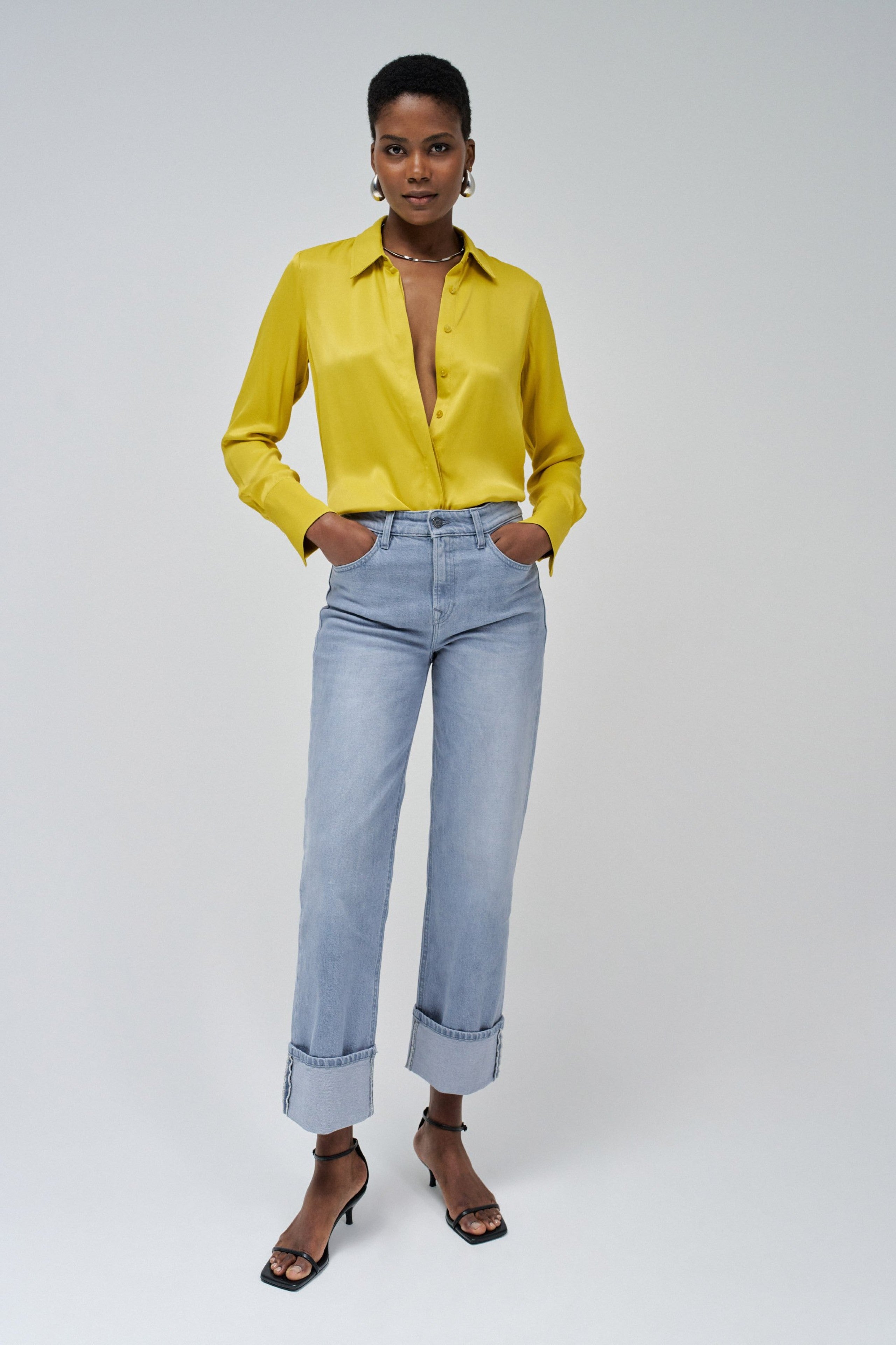 Satin Basic Shirt with Placket Detail in Light Yellow Chemises Salsa Jeans   