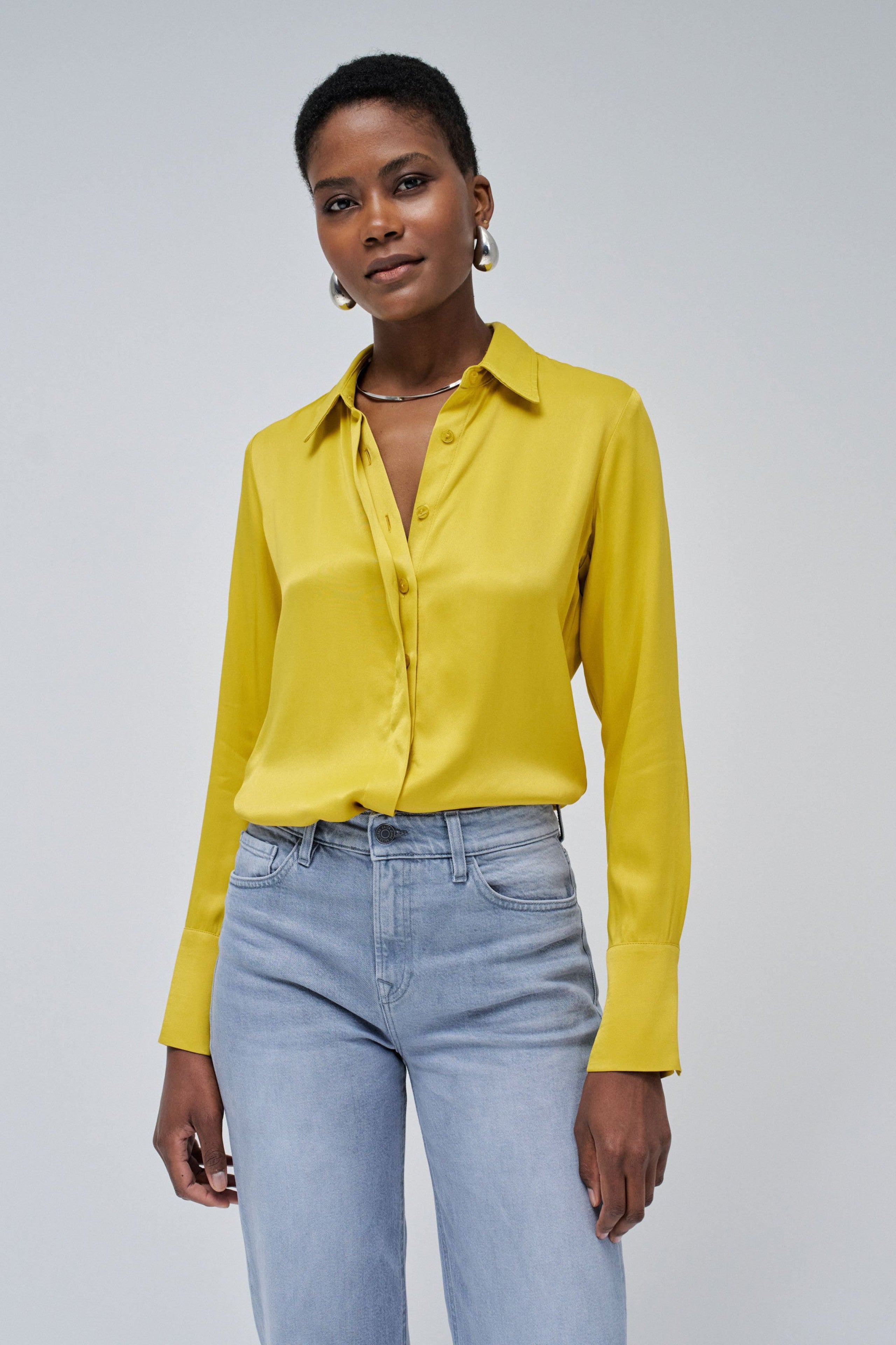 Satin Basic Shirt with Placket Detail in Light Yellow Chemises Salsa Jeans   