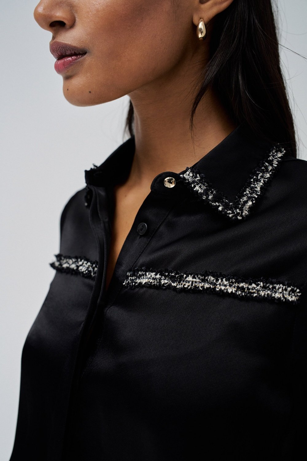 Shirt With Ribbon Tweed-Effect in Black Chemises Salsa Jeans   