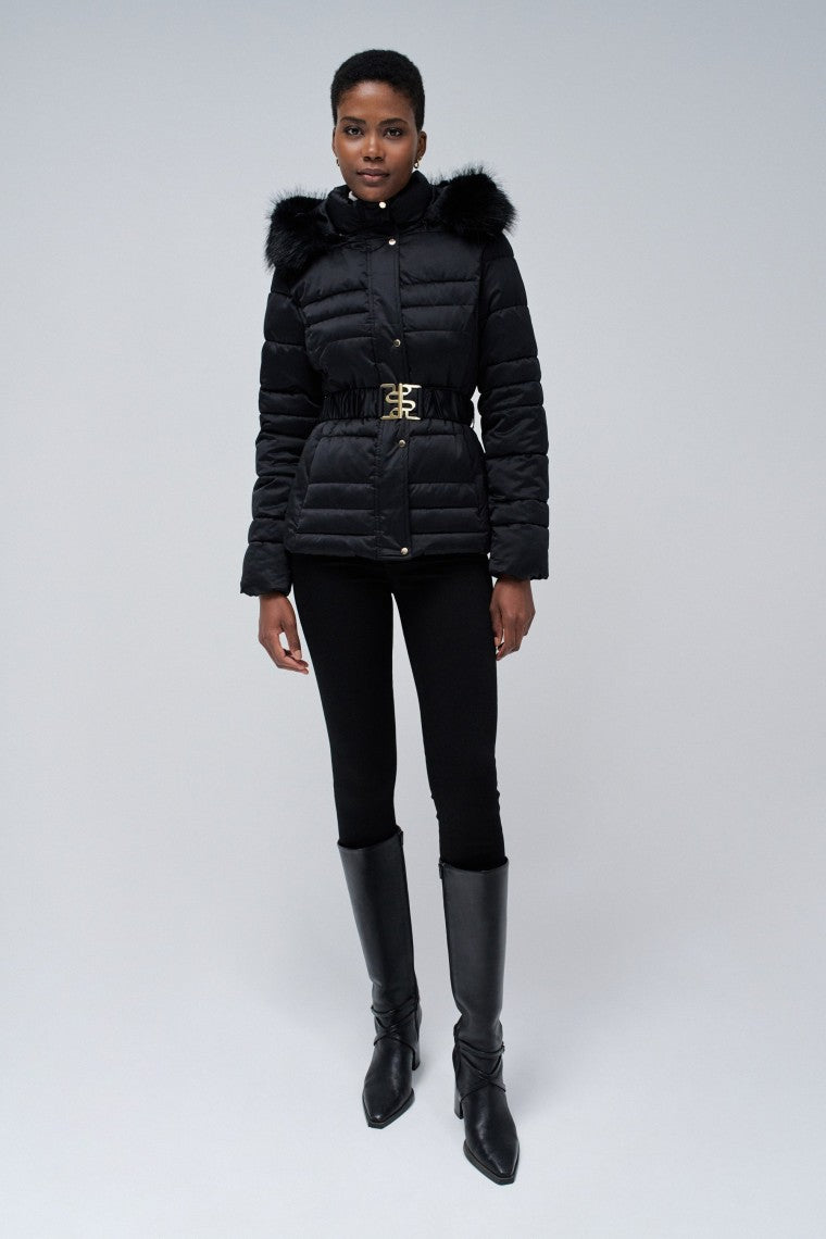 Short Puffer Coat With Fur Hood in Black Vestes Salsa Jeans   