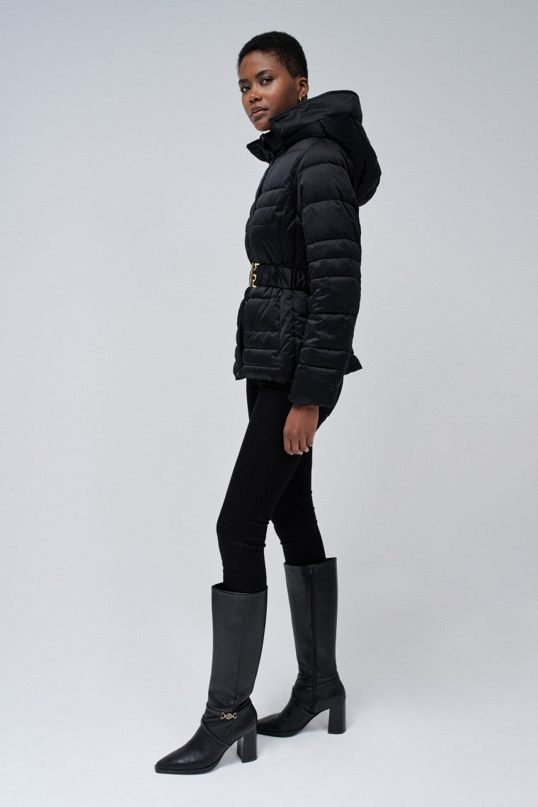 Short Puffer Coat With Fur Hood in Black Vestes Salsa Jeans   