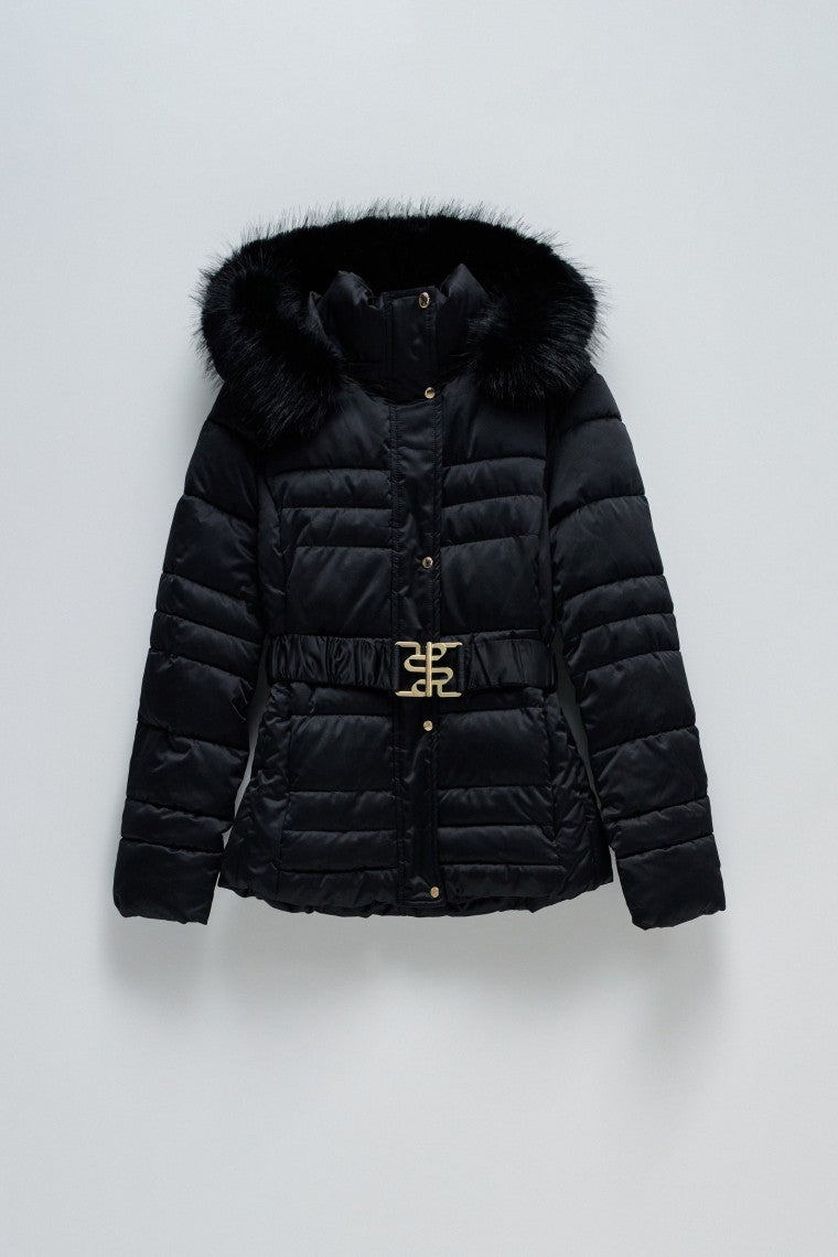 Short Puffer Coat With Fur Hood in Black Vestes Salsa Jeans   