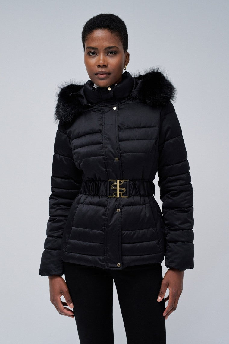 Short Puffer Coat With Fur Hood in Black Vestes Salsa Jeans   