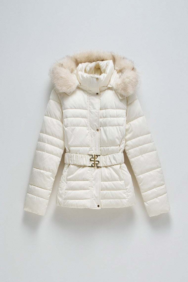 Short Puffer Coat With Fur Hood in Light Beige Vestes Salsa Jeans   