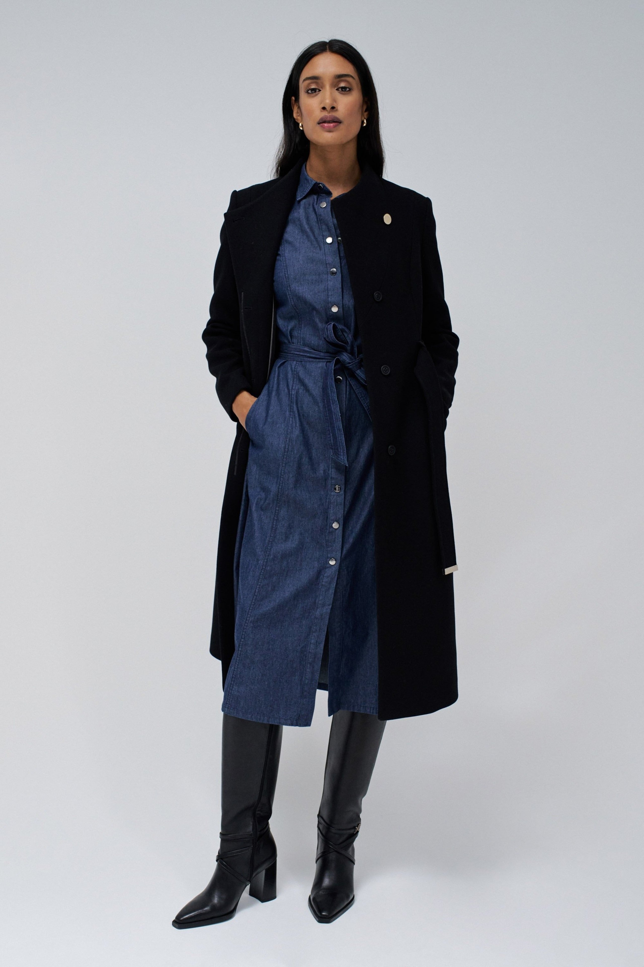 Long Wool Peacoat With Belt in Black Vestes Salsa Jeans