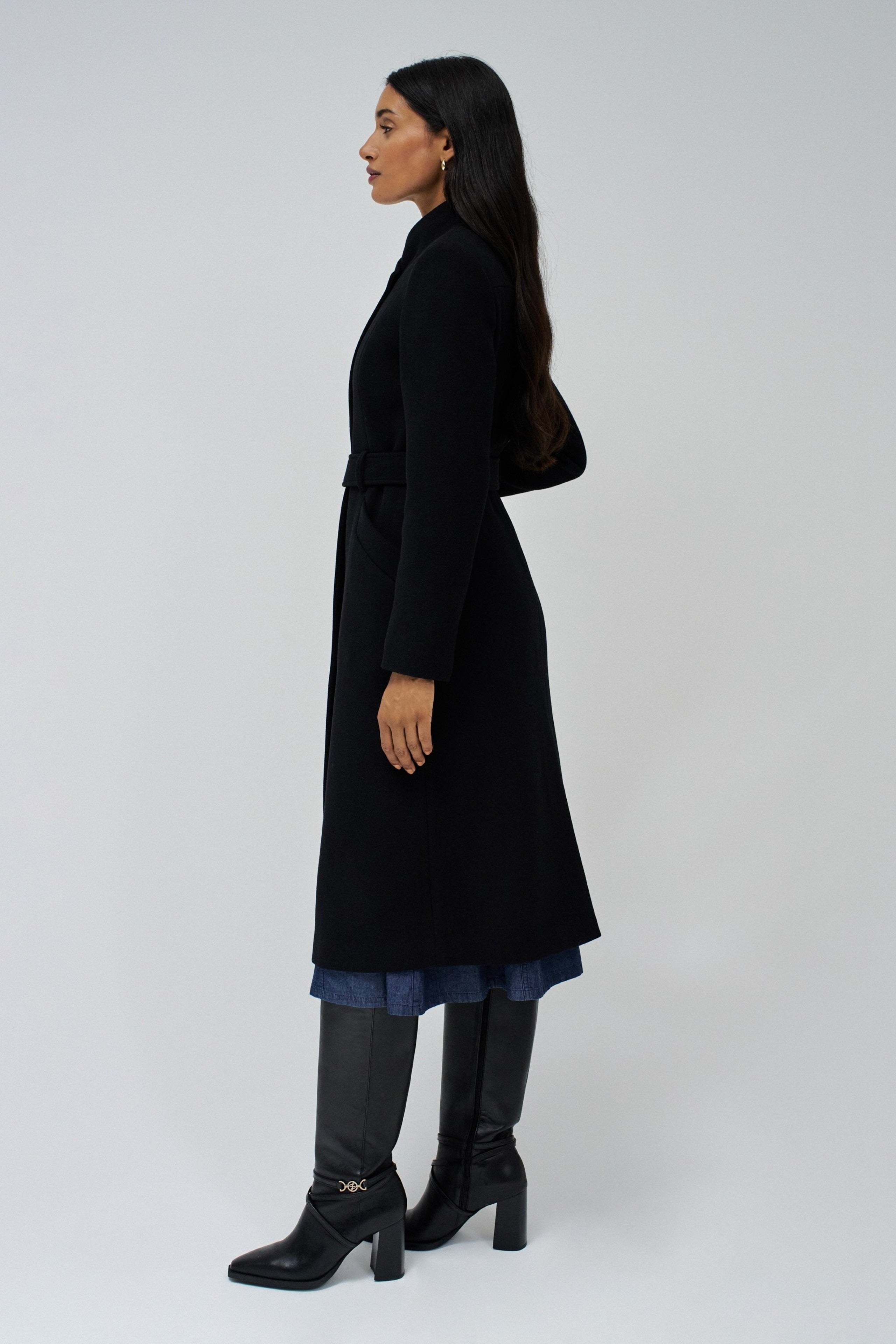 Long Wool Peacoat With Belt in Black Vestes Salsa Jeans