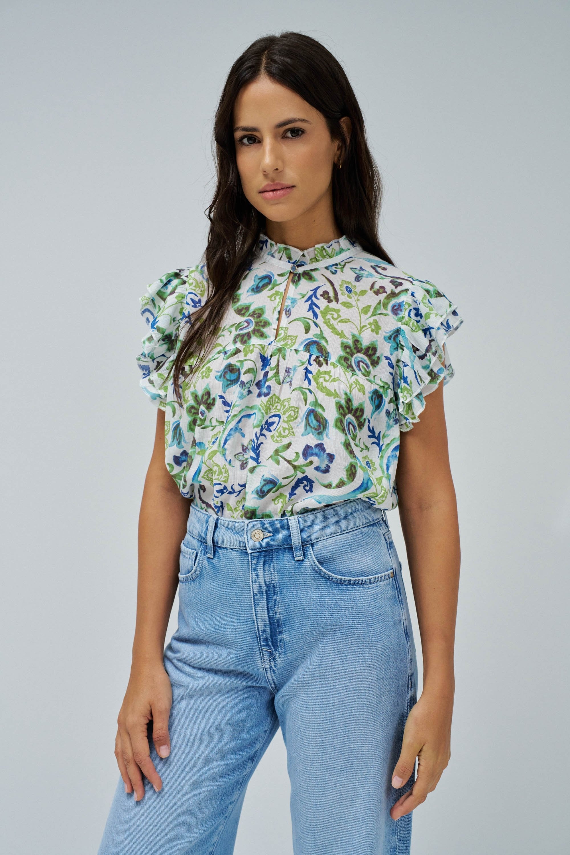 Ruffled Detail Print Blouse in Light Green Chemises Salsa Jeans