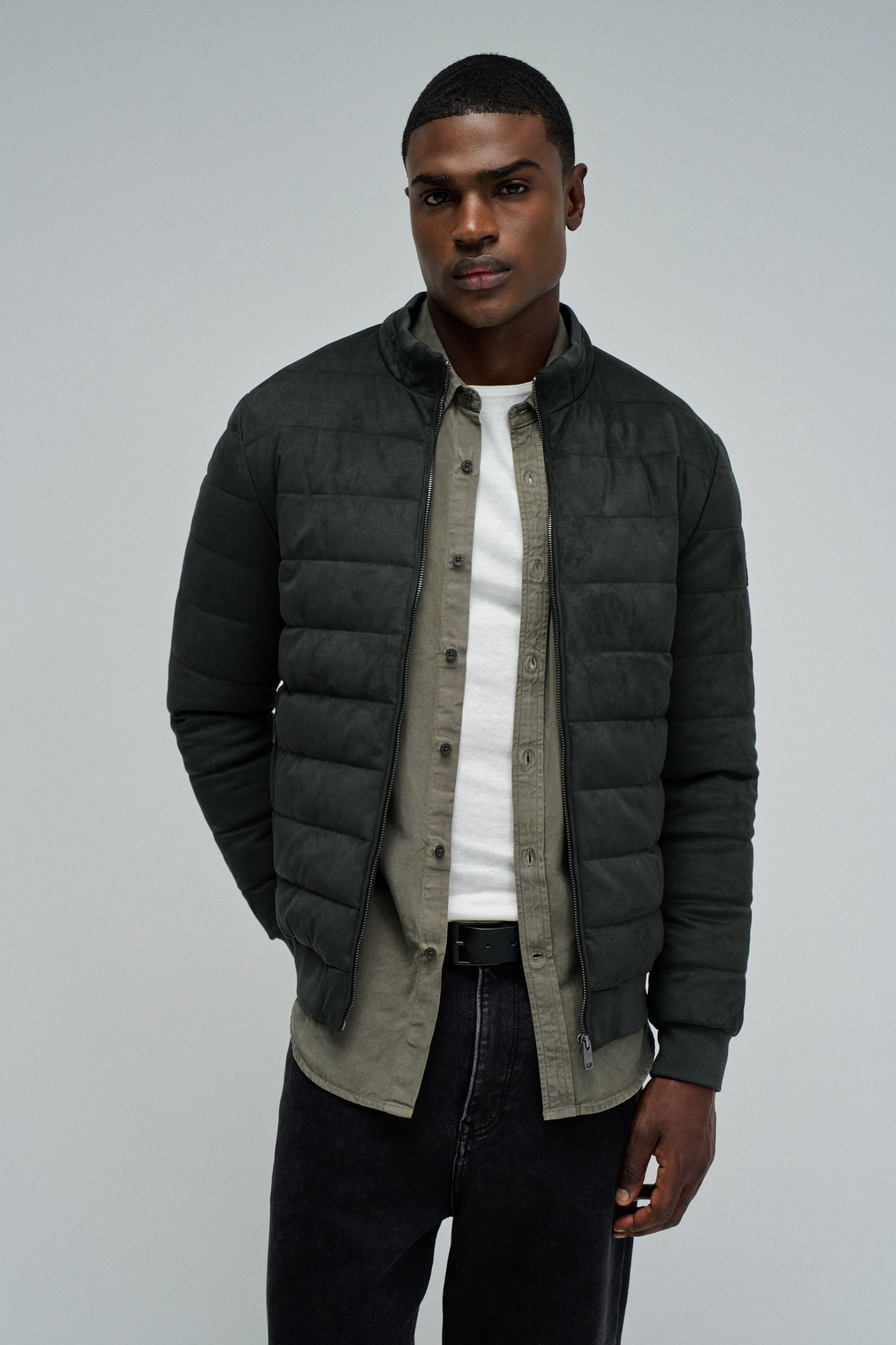 Suede Puffer Bomber Jacket in Dark Green Vestes Salsa Jeans