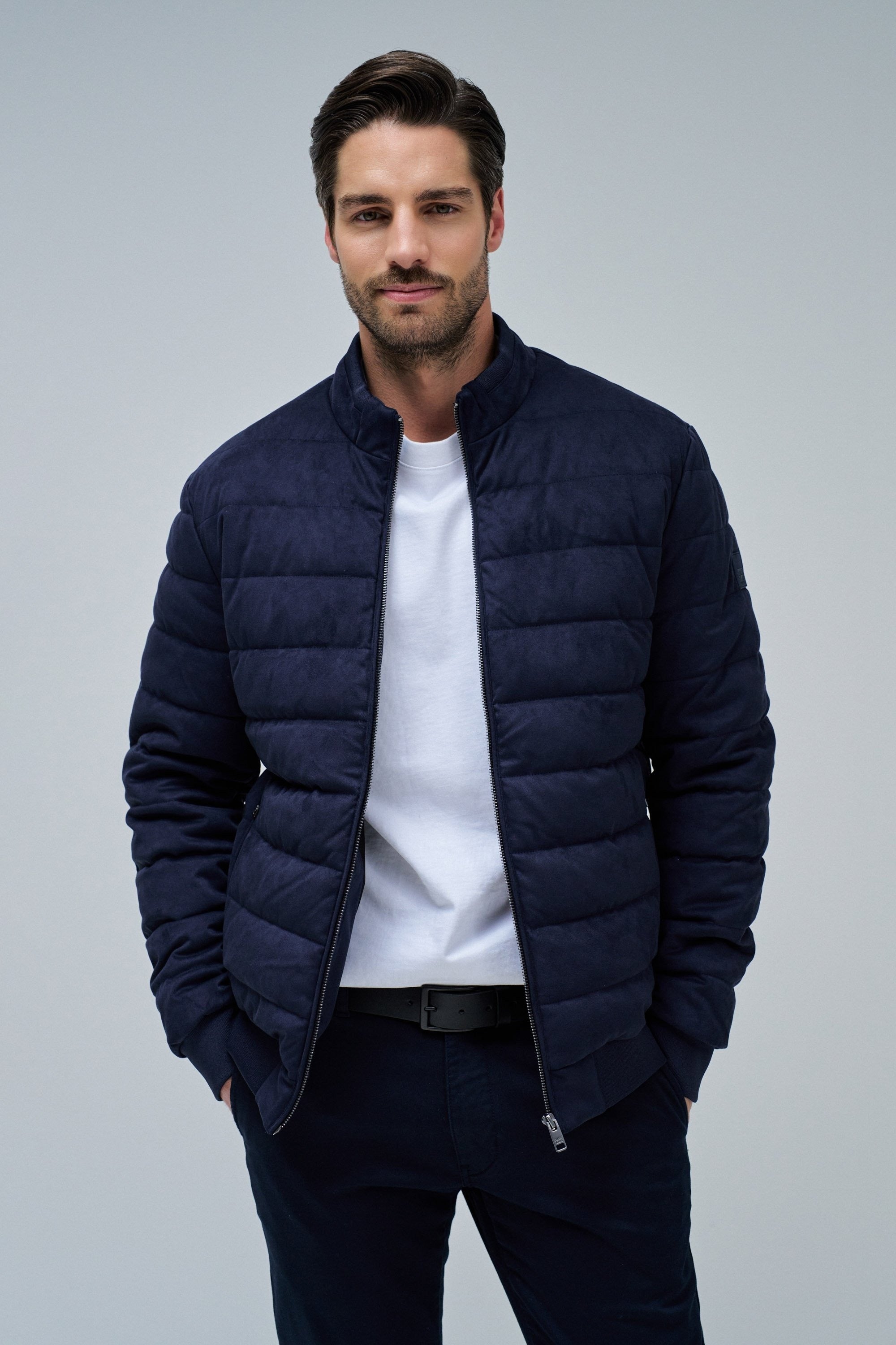Suede Puffer Bomber Jacket in Dark Blue Vestes Salsa Jeans