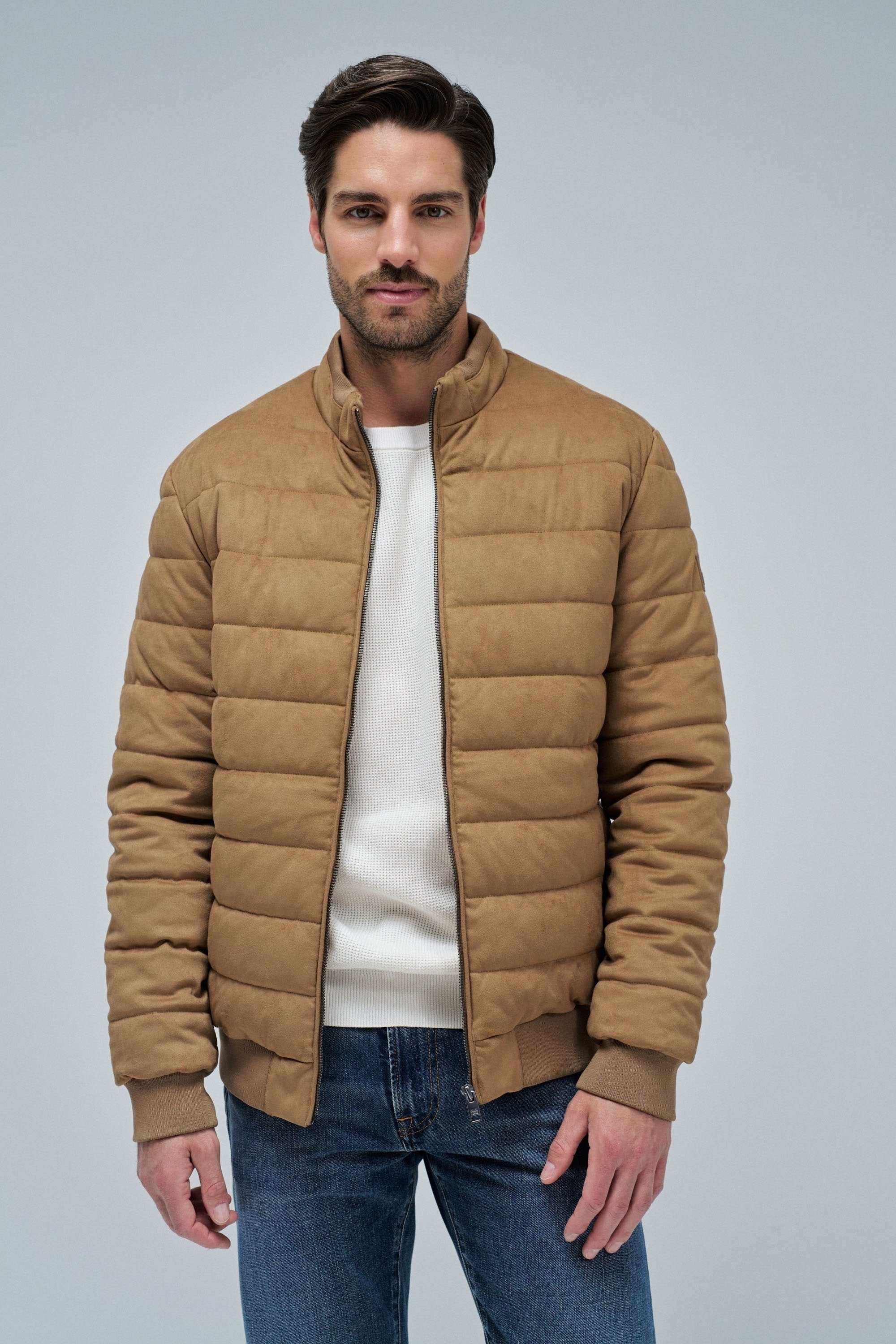 Suede Puffer Bomber Jacket in Medium Brown Vestes Salsa Jeans