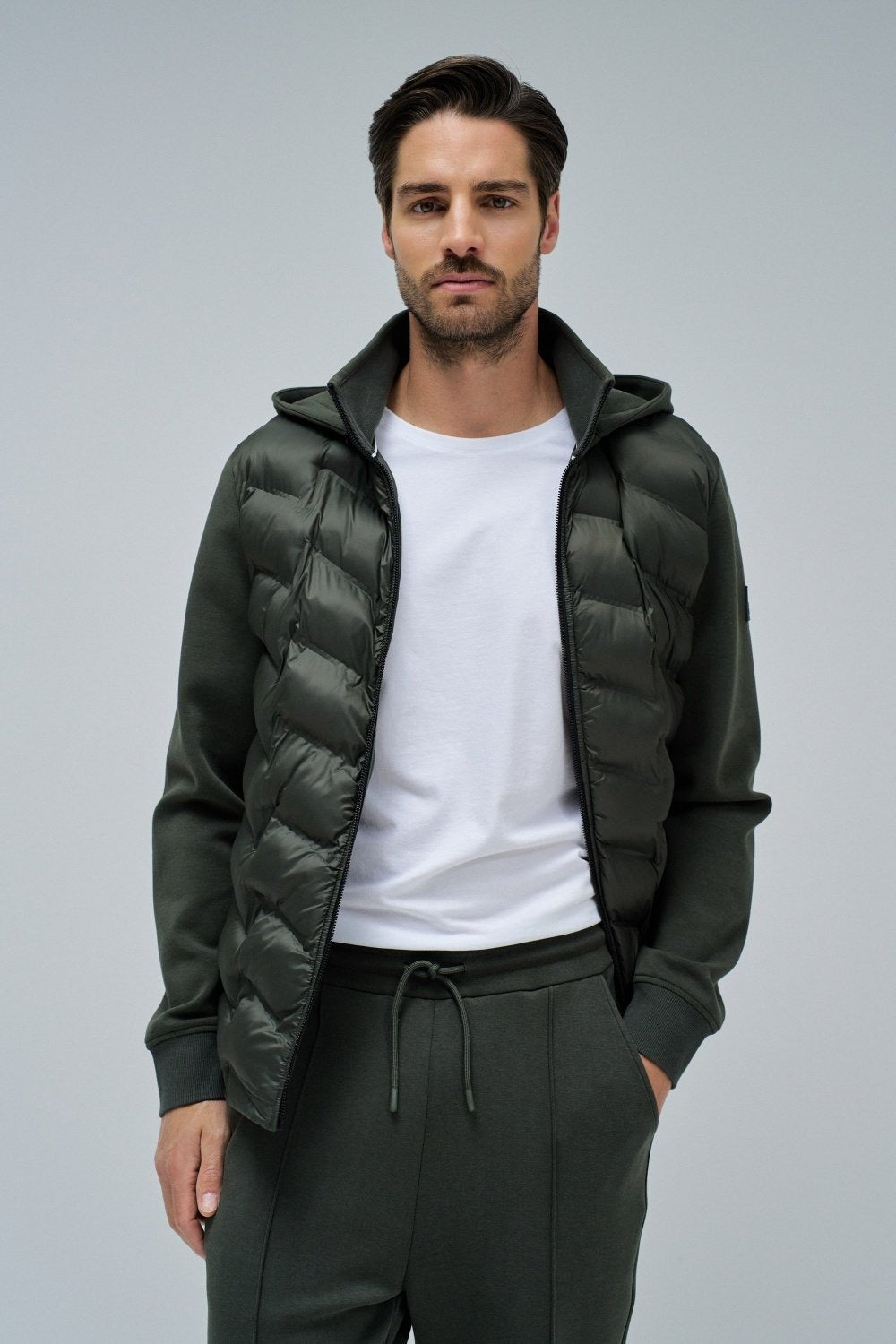 Zip-Thru Padded Jumper Hoodie in Dark Green Vestes Salsa Jeans